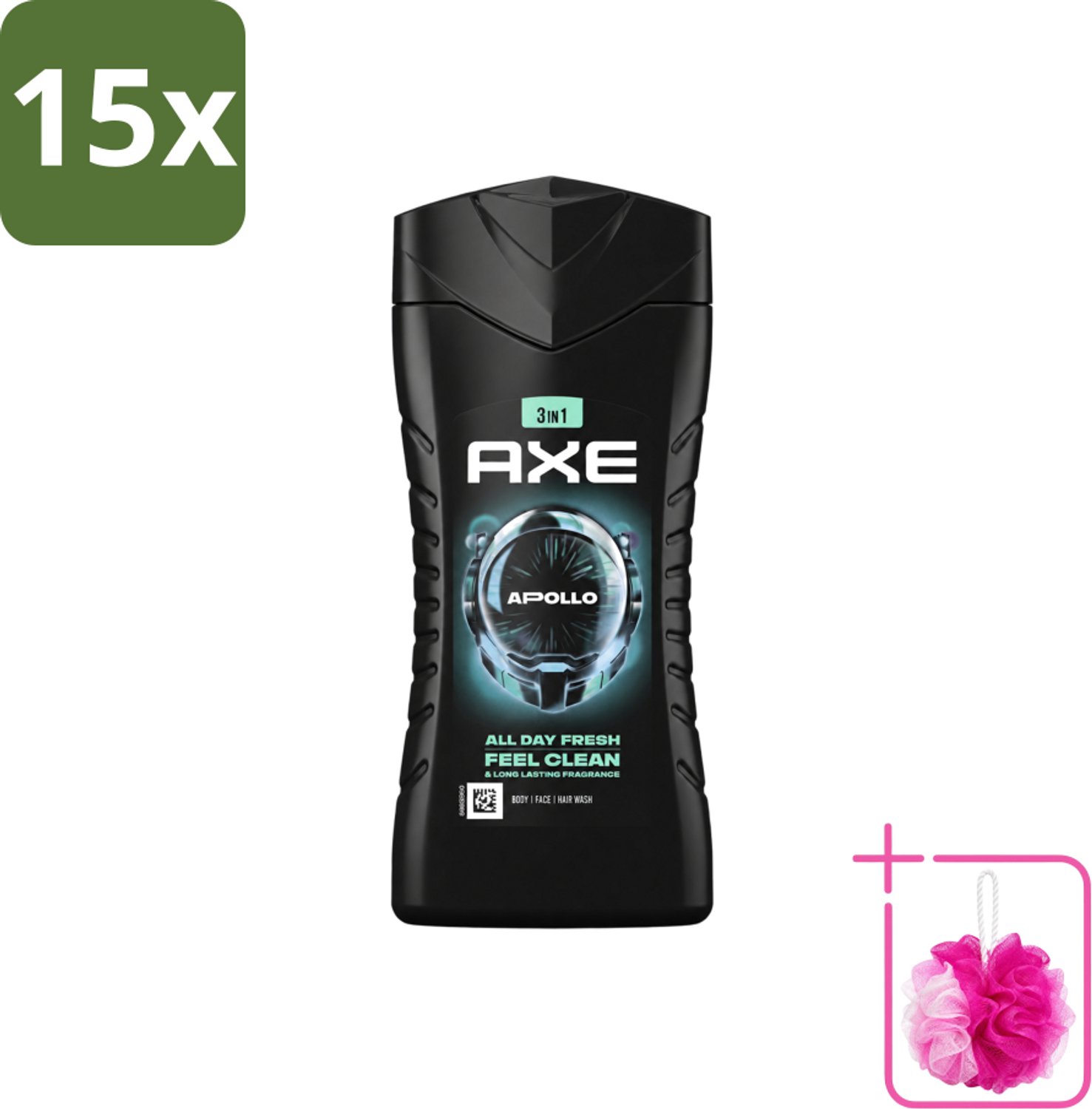 15 x Axe - 3-in-1 Douchegel - Apollo - Sage & Cedarwoord - 12hrs Long Lasting Scent - 250 ml - Bulkverpakking - Douchegel lichaam gezicht haar - Douchemop - Geur salie cederhout