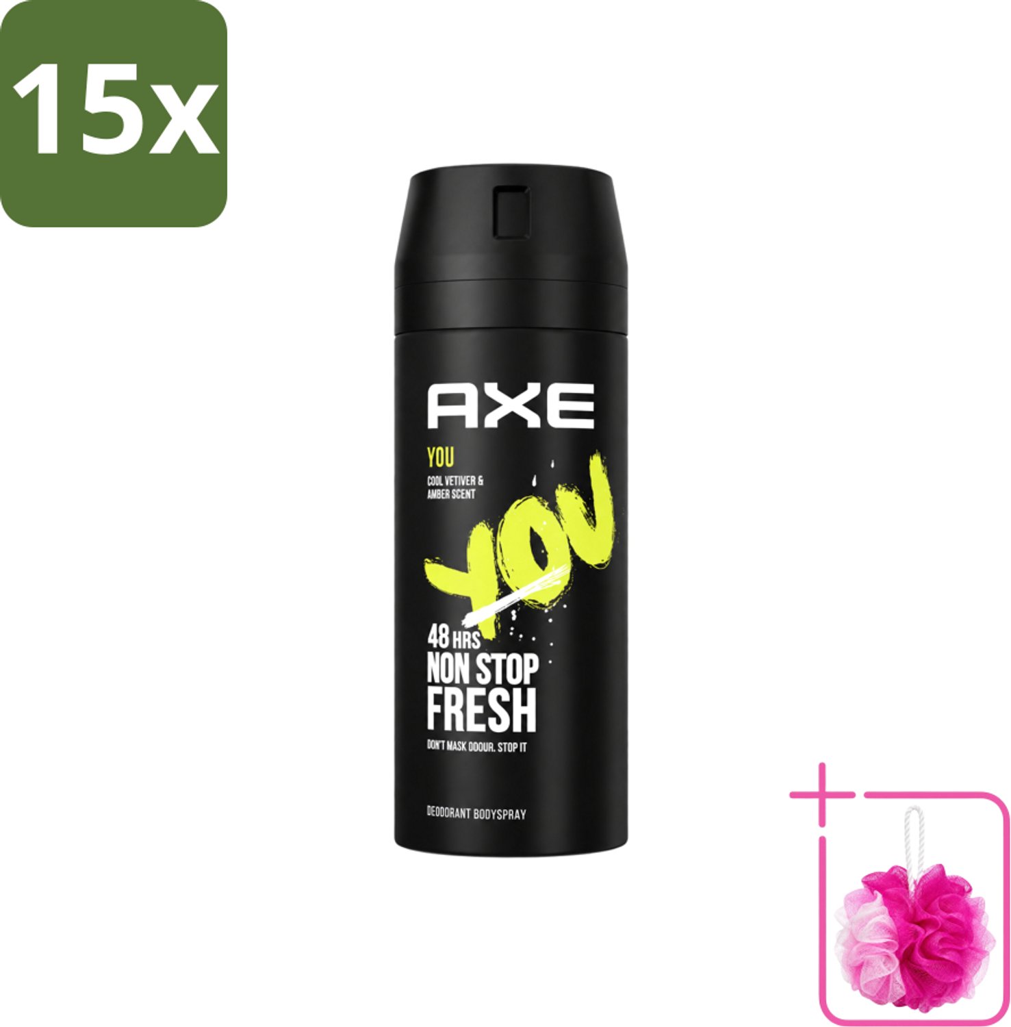 15 x Axe - Deodorant Bodyspray - 48hrs Fresh - You - Cool Vetiver & Amber - 150 ml - Bulkverpakking - 48 uur bescherming - Douchemop - Deodorant sprayer