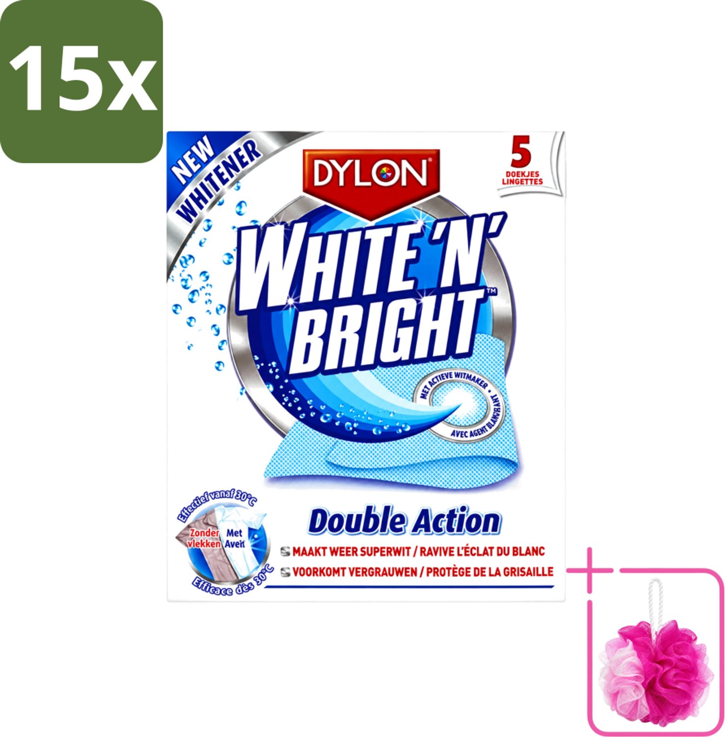 15 x Dylon - Vlekverwijderaar - White & Bright - Superwit & Vlekkeloos - 5 Doekjes - Bulkverpakking - Wit maken kleding - Douchemop - Vlekverwijderaar