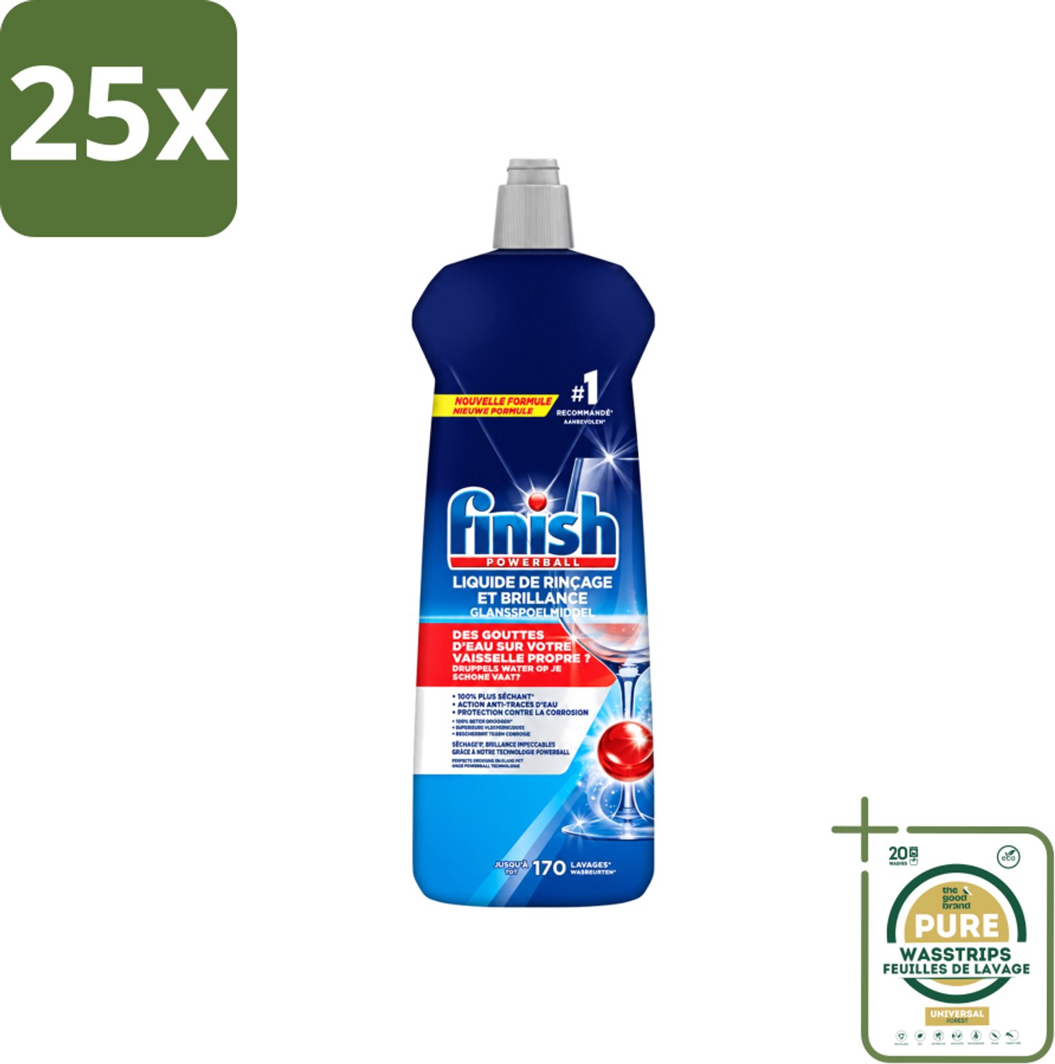 25 x Finish Powerball - Glansspoelmiddel - Anti-Corrosie & Anti-Vervaging - 170 Afwasbeurten - 800ml - Wasstrips - Glansspoelmiddel - Vaatwasmiddel - Anti-kalk - Anti-corrosie - Glans