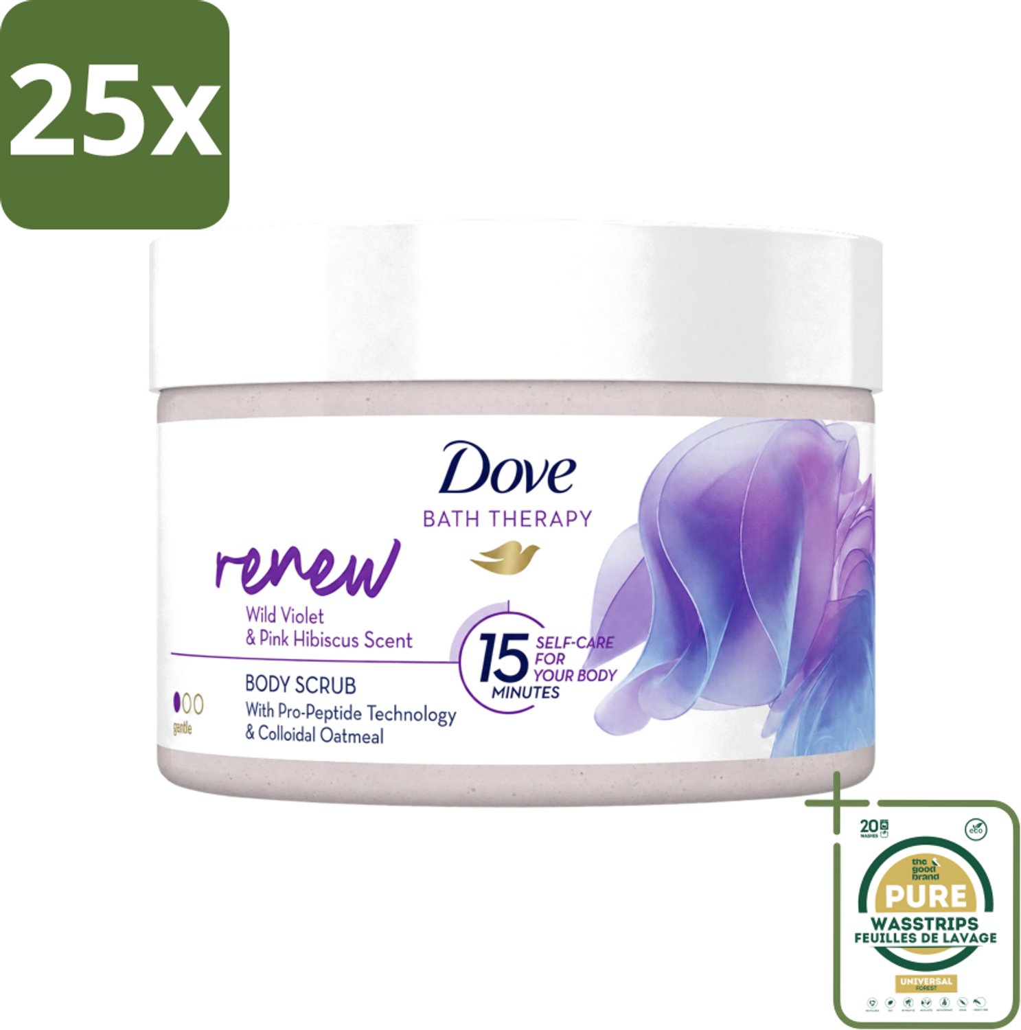 25 x Dove Bath Therapy Renew - Bodyscrub - Wilde Viooltjes & Roze Hibiscus - 295 ml - Wasstrips - Huidvernieuwing - Huidscrub - Exfoliatie - Zachte Huid - Huidverzorging
