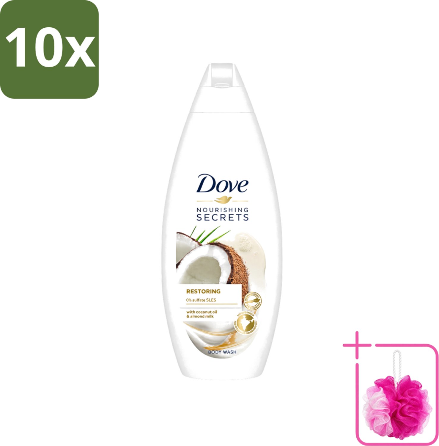 10 x Dove Nourishing Secrets - Douchegel - Kokosolie & Amandel melk - Sulfaatvrij - 250 ml - Bulkverpakking - Douchegel - Douchemop - Kokosolie