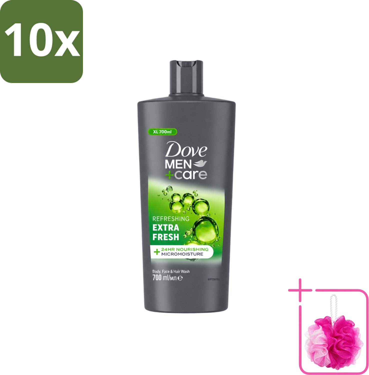 10 x Dove Men+Care - Extra Fresh - Douchegel 3-in-1 - Verzorgend - 700 ml - Bulkverpakking - Douchegel voor mannen - Douchemop - Verfrissende douche