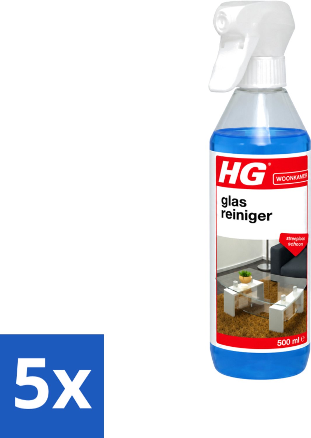5 x HG - Glasreiniger Spray - Streeploos Schoon - Ontvet & Droogt Snel - 500 ml - Voordeelverpakking - 5 stuks