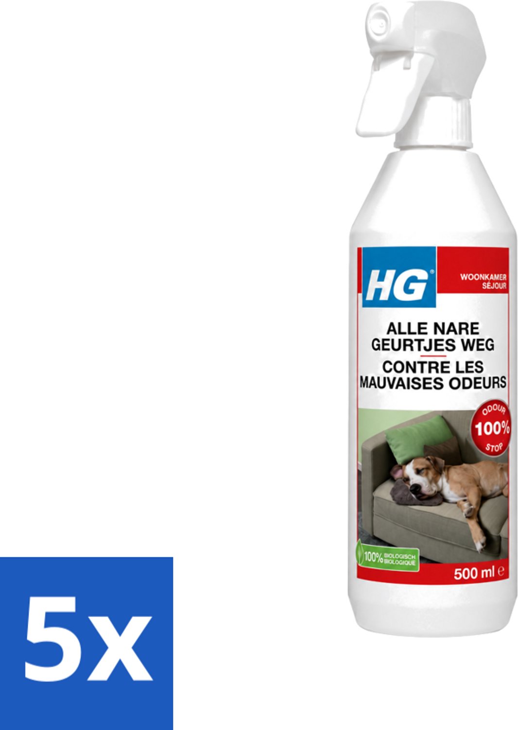 5 x HG - Alle Nare Geurtjes Weg Spray - Elimineert Stankmoleculen - Biologisch - 500 ml - Voordeelverpakking - 5 stuks