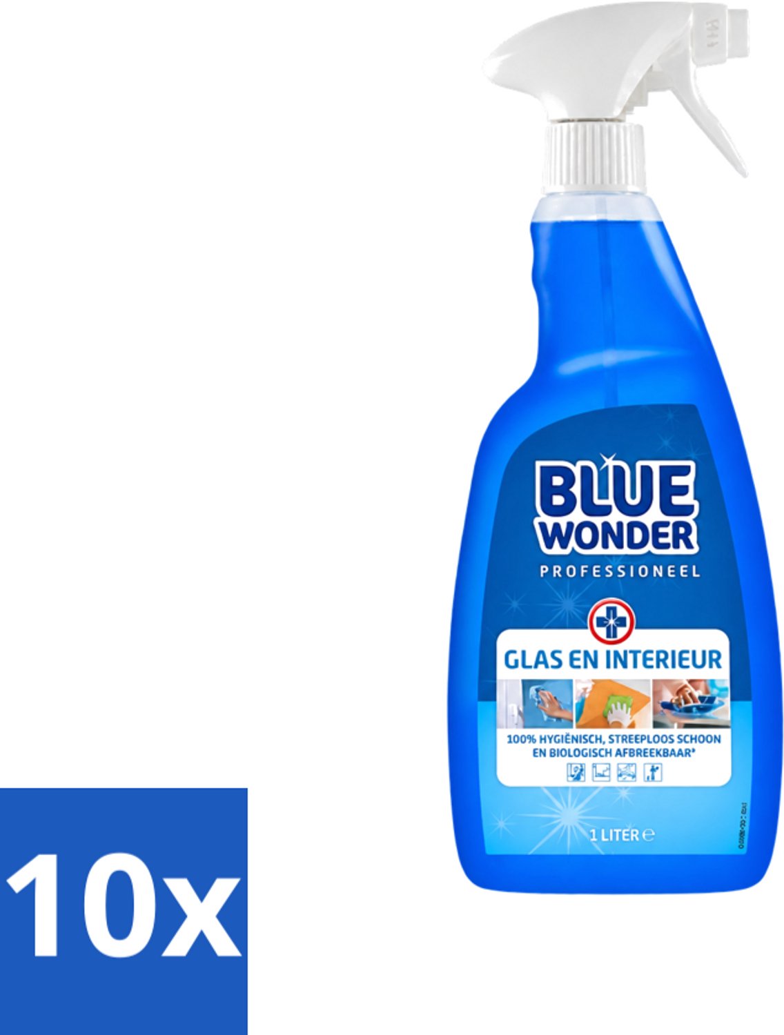 10 x Blue Wonder - Professionele Glas & Interieur Spray - Streeploos Schoon - 1 Liter - Voordeelverpakking - 10 stuks
