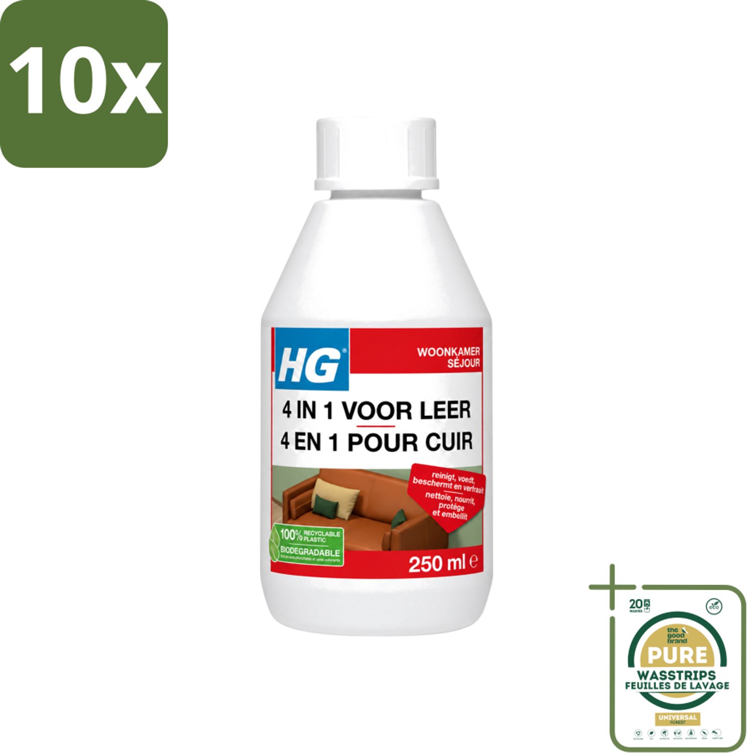 10 x HG - 4 In 1 Voor Leer - Beschermt, Voedt, Verfraait & Reinigt - 250 ml - Wasstrips - Leer Reinigen - Leer Voeden - Leer Beschermen - Leer Verfraaien - Leer Verkleuren