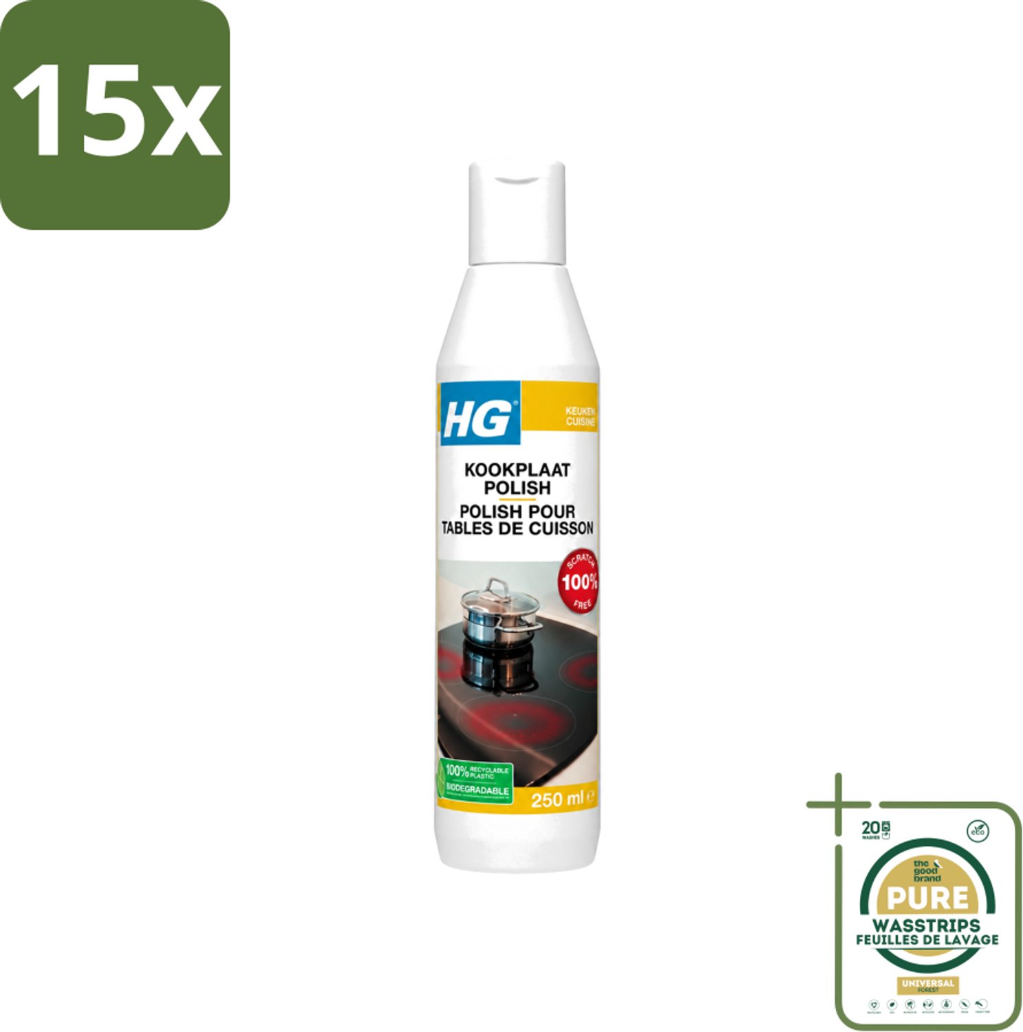 15 x HG - Kookplaatreiniger Polish - Verwijdert Veilig & Effectief Vuil - Beschermende Glans - 250 ml - Wasstrips - Kookplaat Reinigen - Vet Verwijderen - Kalk Verwijderen - Kookranden Verwijderen - Inductieplaat Reinigen