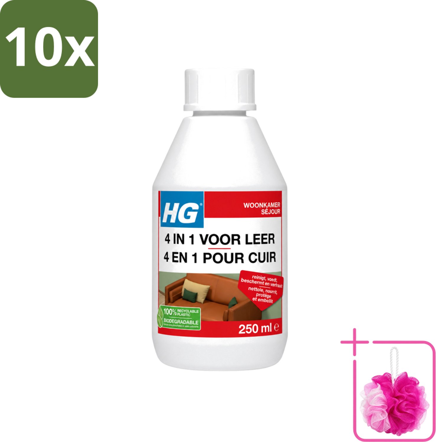 10 x HG - 4 In 1 Voor Leer - Beschermt, Voedt, Verfraait & Reinigt - 250 ml - Bulkverpakking - Leer reinigen - Douchemop - Leer voeden