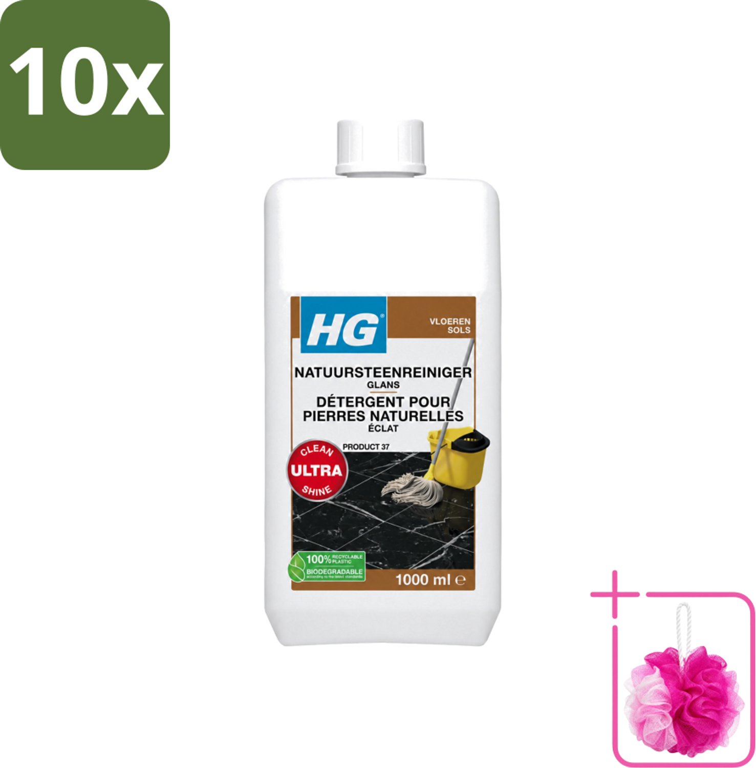 10 x HG - Natuursteenreiniger Glans - Ultra Glans - 20 Dweilbeurten - 1L - Bulkverpakking - Natuursteen reinigen - Douchemop - Marmer reinigen