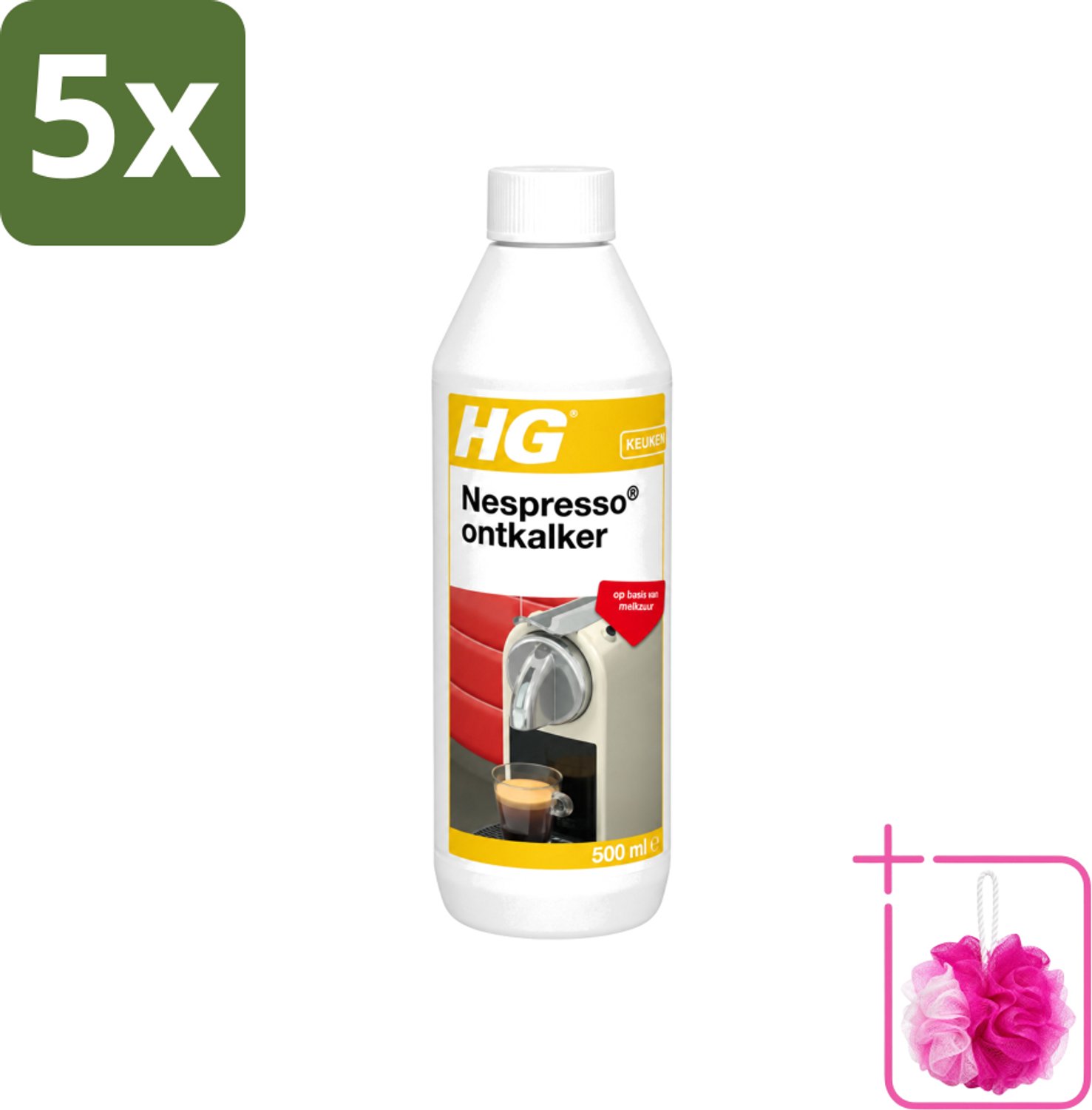 5 x HG - Nespresso Ontkalker - Op Basis Van Melkzuur - 4 tot 5 Reinigingsbeurten - 500 ml - Bulkverpakking - Ontkalken Nespresso machine - Douchemop - Ontkalkmiddel