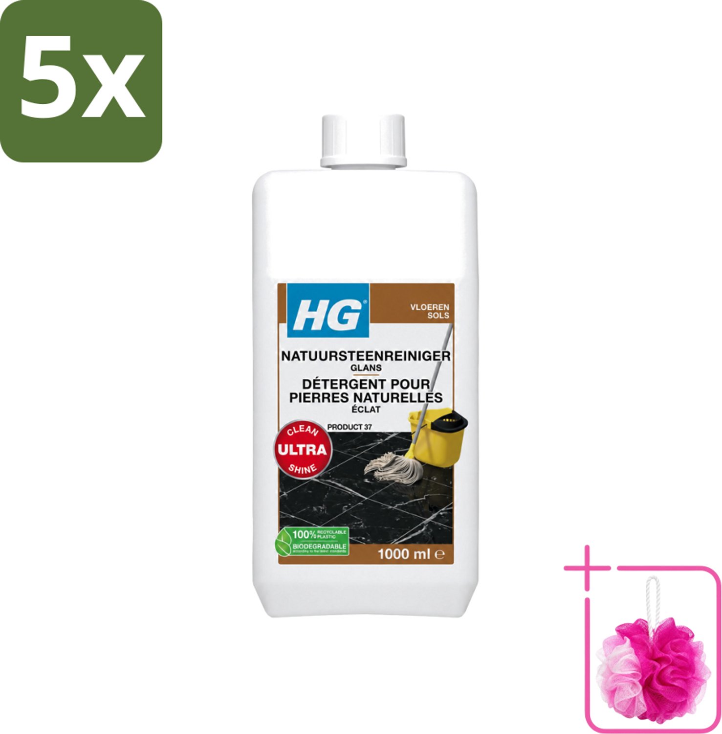 5 x HG - Natuursteenreiniger Glans - Ultra Glans - 20 Dweilbeurten - 1L - Bulkverpakking - Natuursteen reinigen - Douchemop - Marmer reinigen