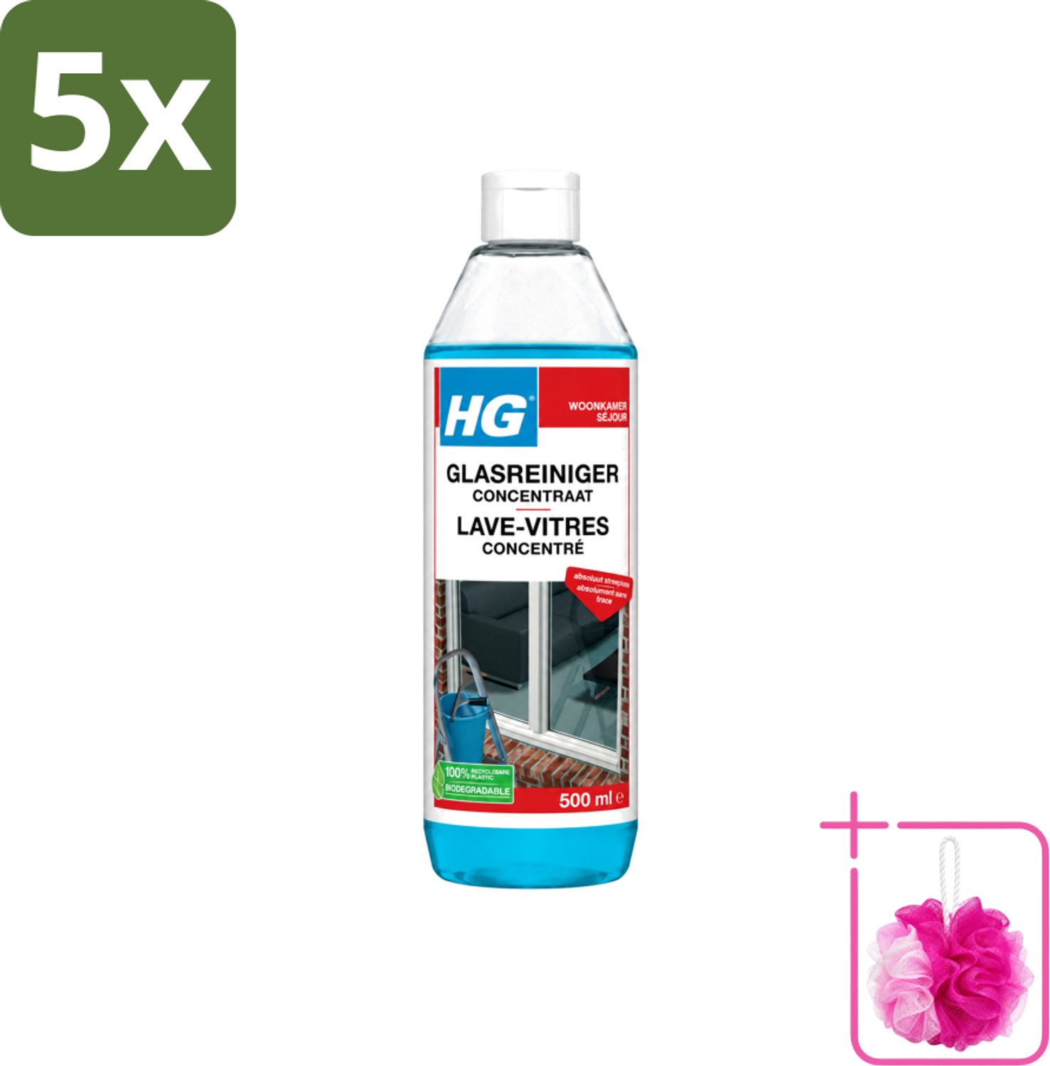5 x HG - Glasreiniger Concentraat - Streeploos Schoon - 12 Schoonmaakbeurten - 500 ml - Bulkverpakking - Glas reinigen - Douchemop - Streeploos reinigen