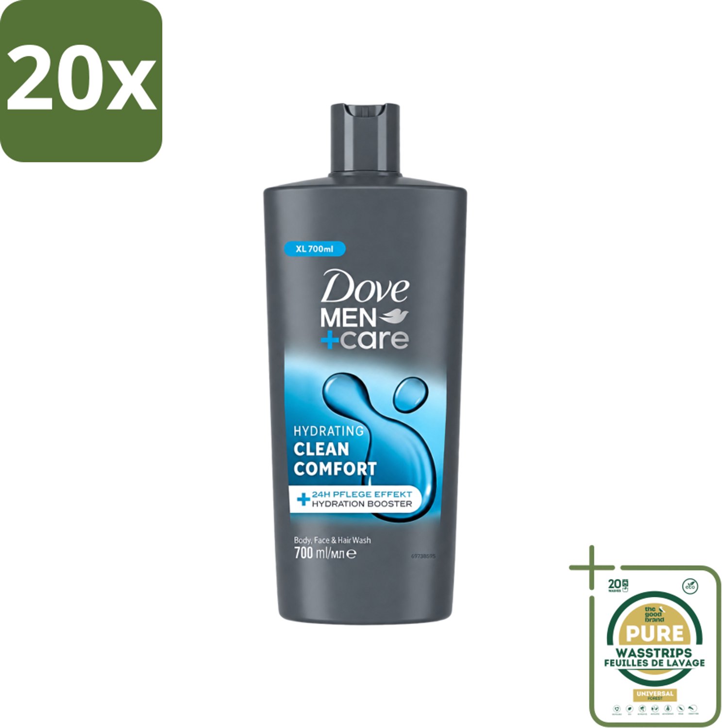 20 x Dove Men+Care - Clean Comfort - 3-in-1 Douchegel - Hydraterend- 700 ml - Wasstrips - Douchegel Voor Mannen - Lichaamsgel - Gezichtsgel - Haarverzorging - Hydraatende Douchegel