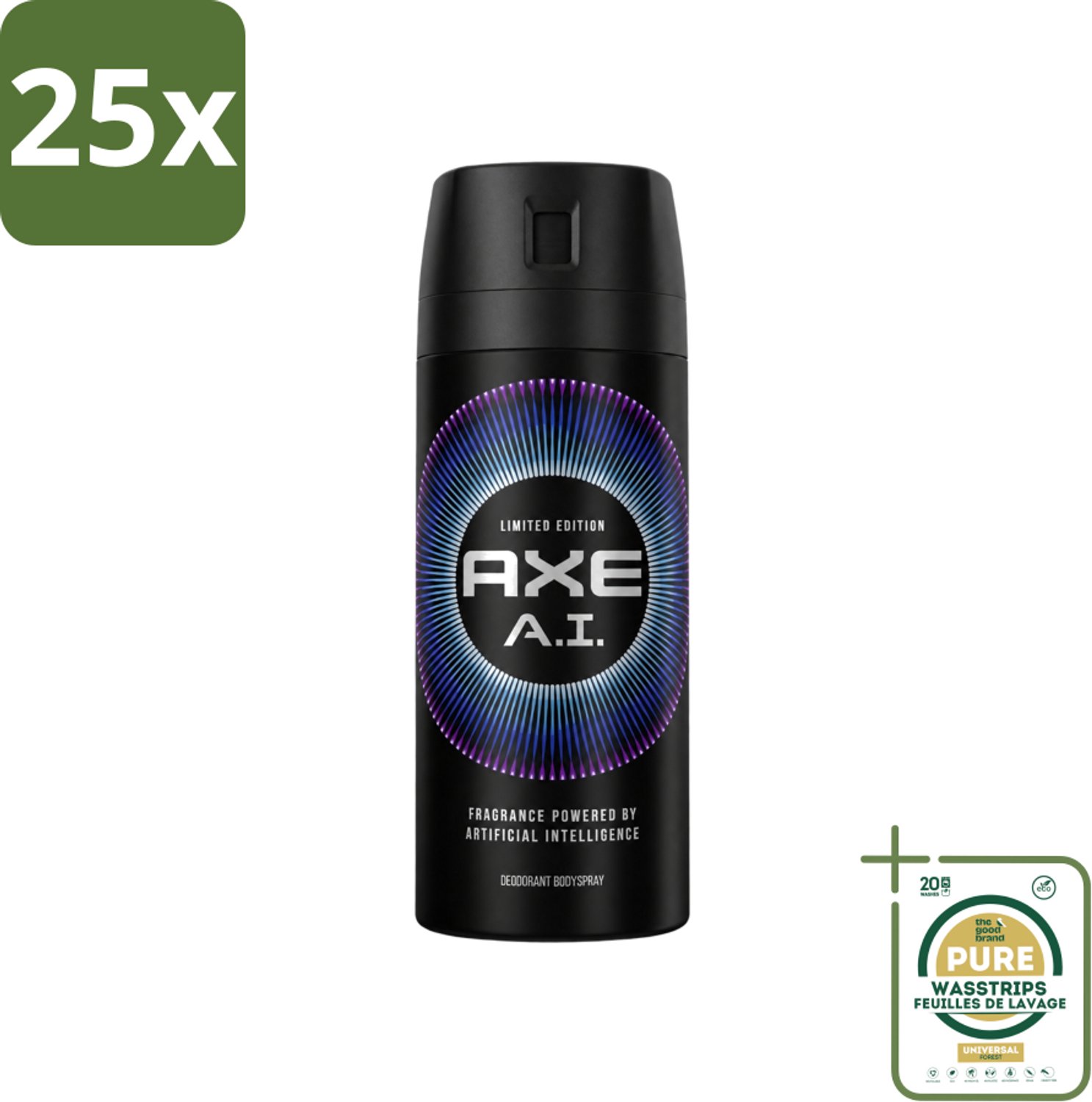 25 x Axe - Limited Edition - Deodorant Bodyspray - A.I. - 150 ml - Wasstrips - Axe A.I. Bodyspray - Deodorant Bodyspray - Geur - Geurbestrijding - Bergamot