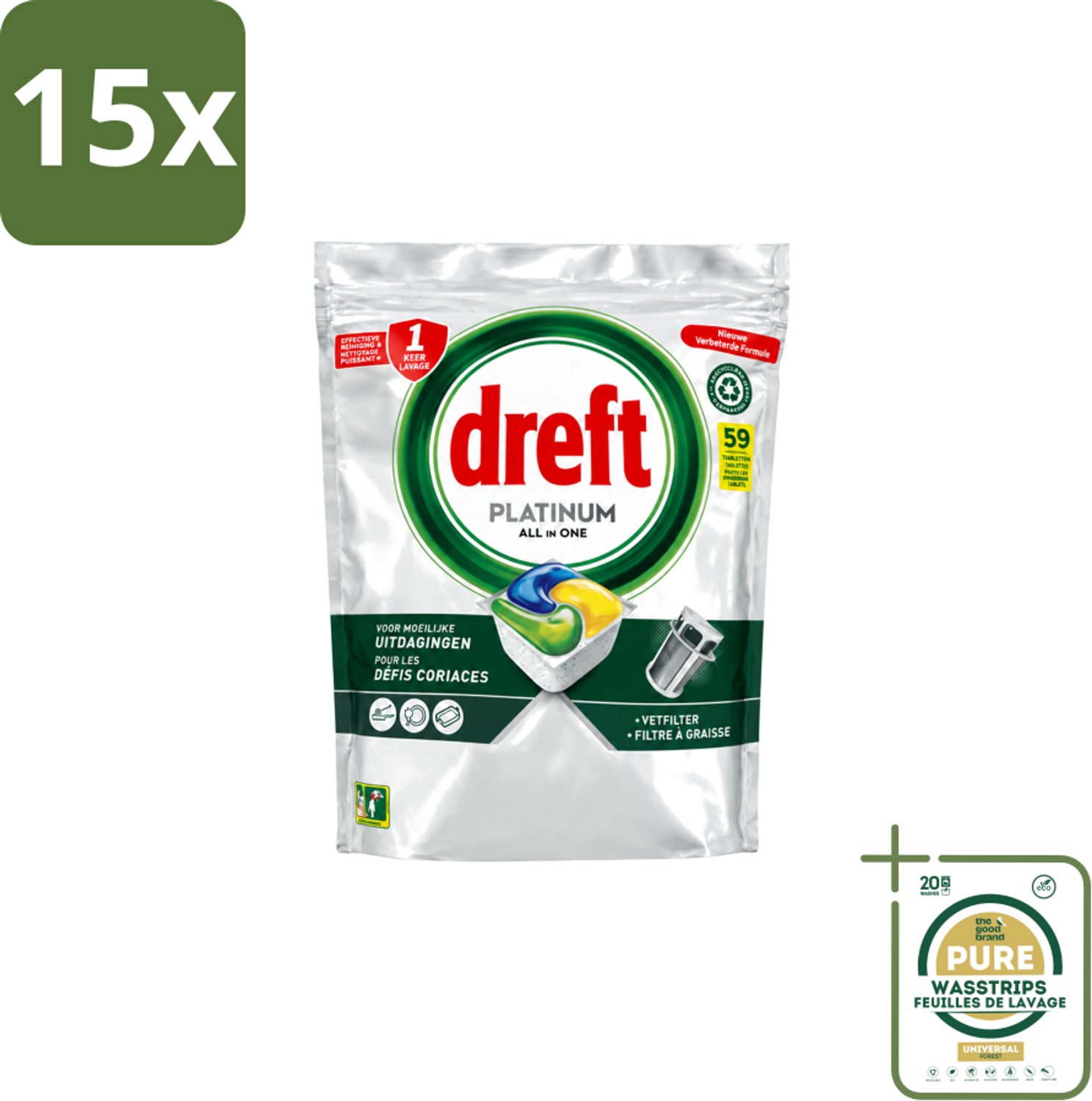 15 x Dreft – Vaatwastabletten – All-in-One Platinum – Lemon – 59 Tabletten - Wasstrips - Vaatwastabletten - Vaatwasser - Vetverwijderen - Glasbescherming - Citroengeur