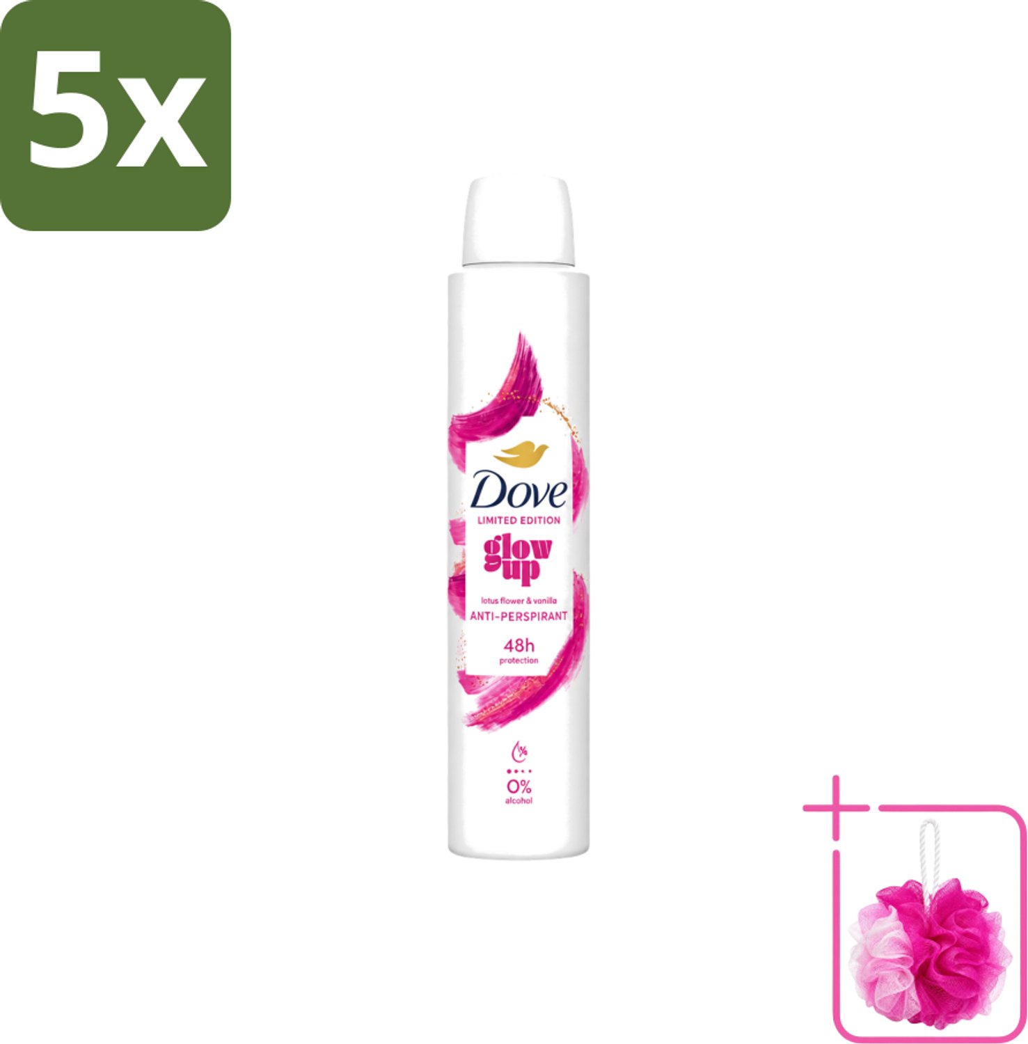 5 x Dove – Deodorant Spray – Glow Up – 200 ml - Bulkverpakking - Anti-transpirant spray - Douchemop - Zweetvermindering