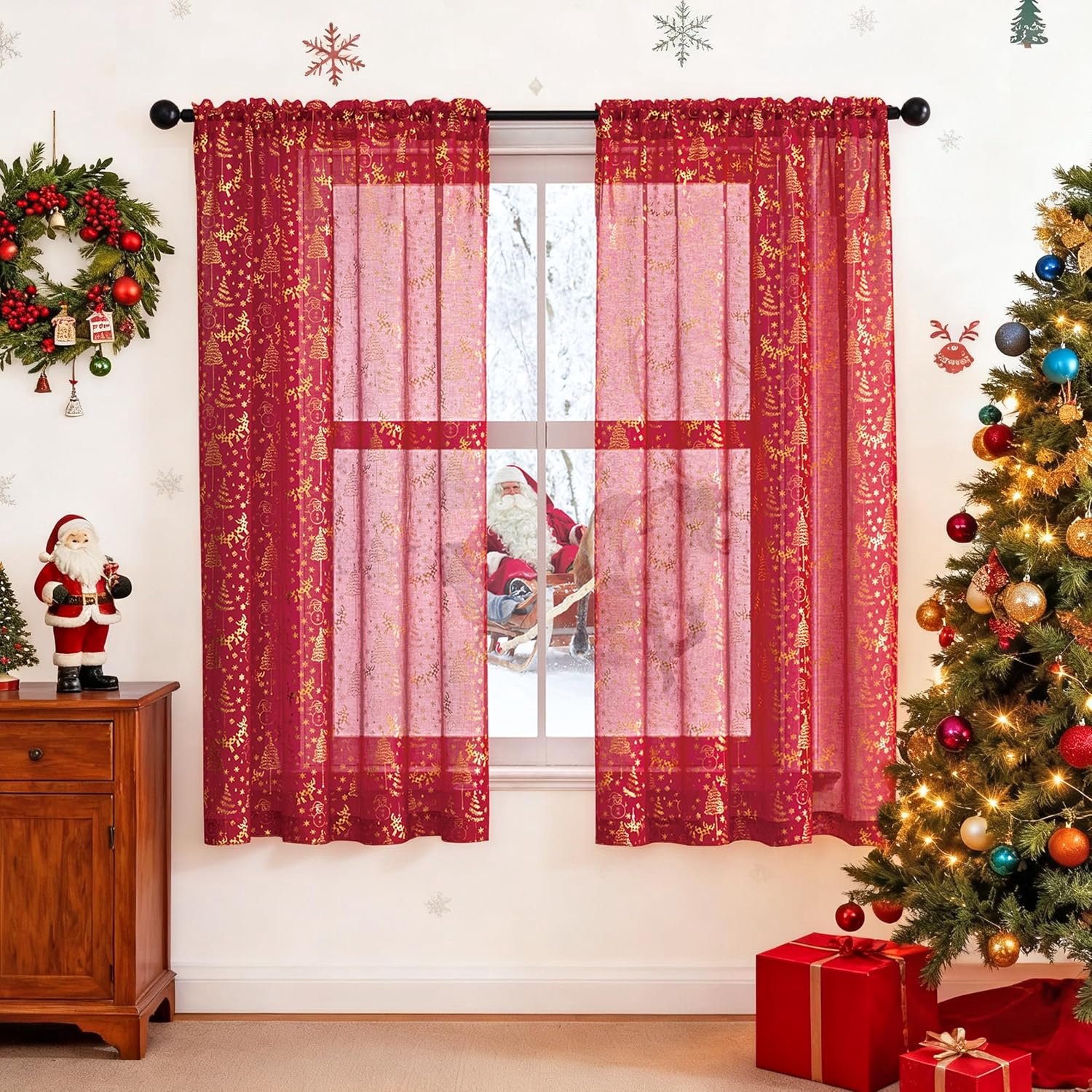 Kerstgordijnen voor binnen, semi-transparant, ondoorzichtig, voor binnen, voor slaapkamer, woonkamer, huis, 2 stuks, rood, 107 x 117,5 cm