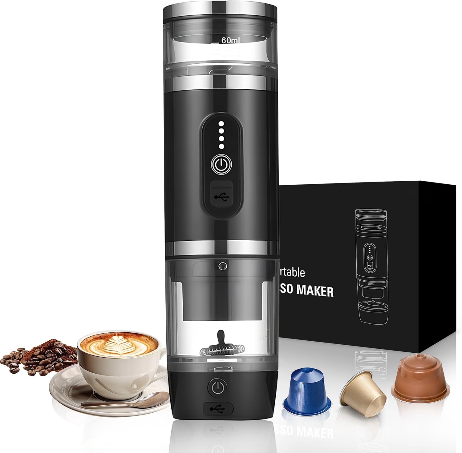 3-in-1 koffiezetapparaat met melkopschuimer, espressomachine met 20 bar capsules en gemalen koffie voor kantoor, auto, camping, wandelen, reizen, Kerstmis, verjaardag, zwart