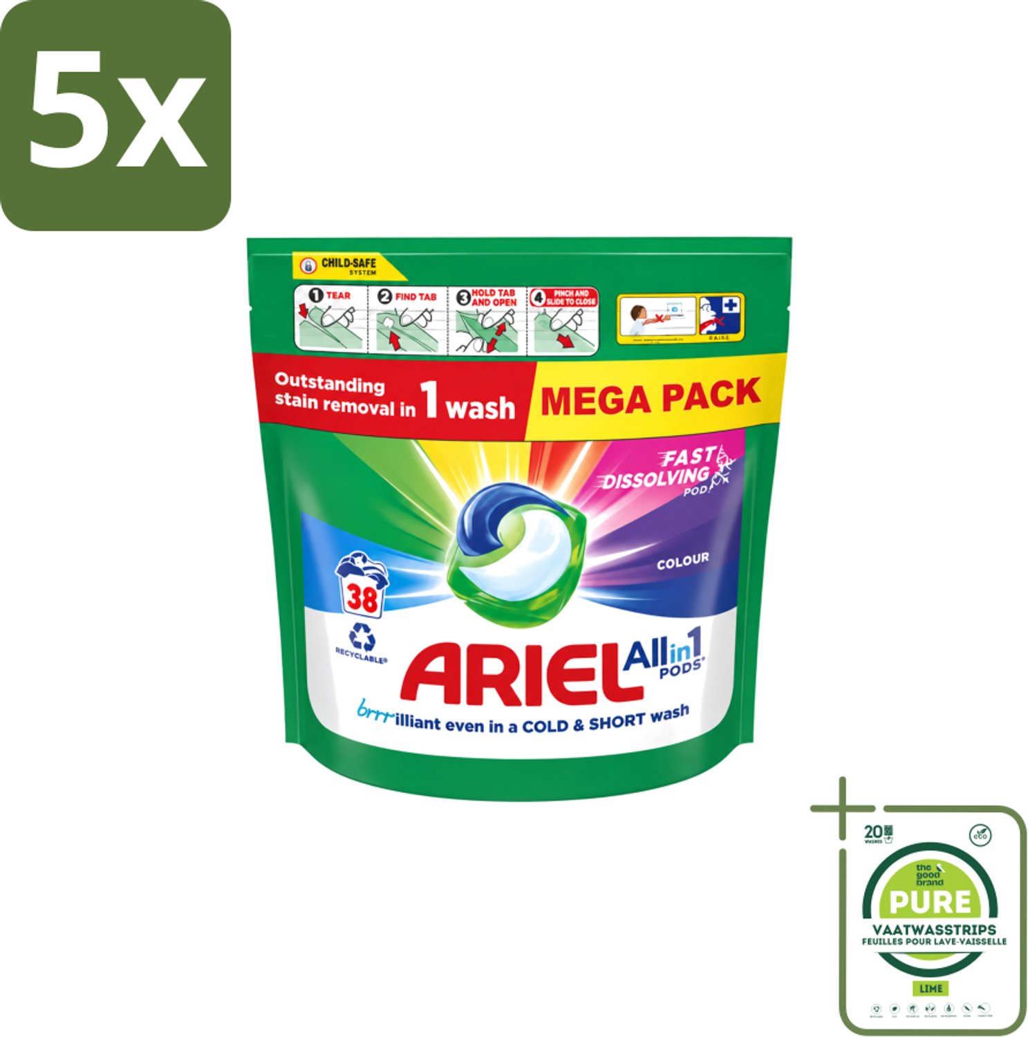 5 x Ariel – Pods All-in-1 – Color – 38 wasbeurten - Grootverpakking - Vaatwasstrips - Kleurbehoud Wasmiddel - Gekleurde Was - Ariel Pods Color - Wasmiddel Voor Gekleurde Kleding - Kleurvervaging Voorkomen