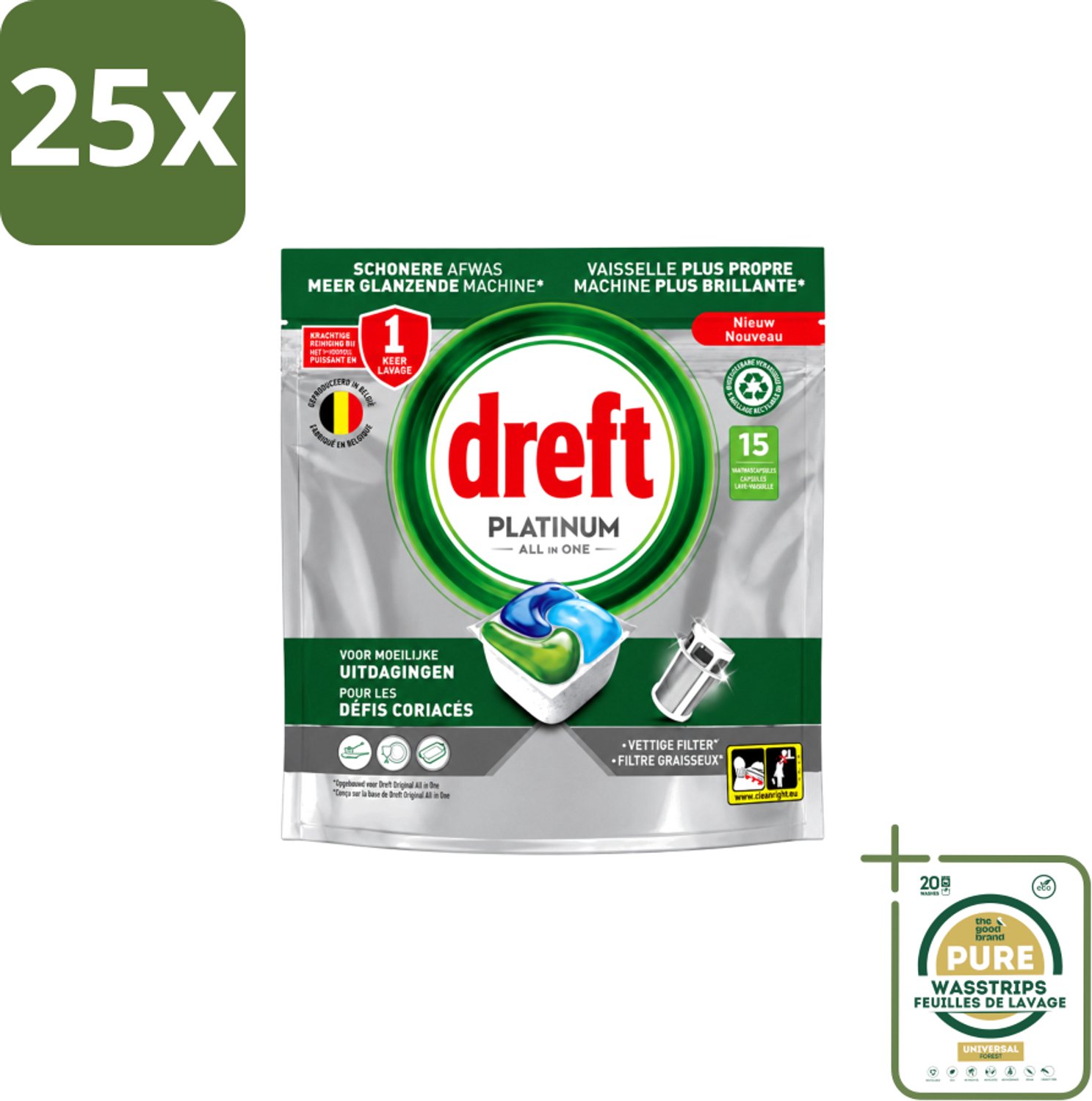 25 x Dreft – Vaatwascapsules – Platinum All-in-One – 15 Capsules - Wasstrips - Vaatwasmiddel - Vaatwascapsule - Reinigingscapsule - Vetverwijdering - Glansspoelmiddel