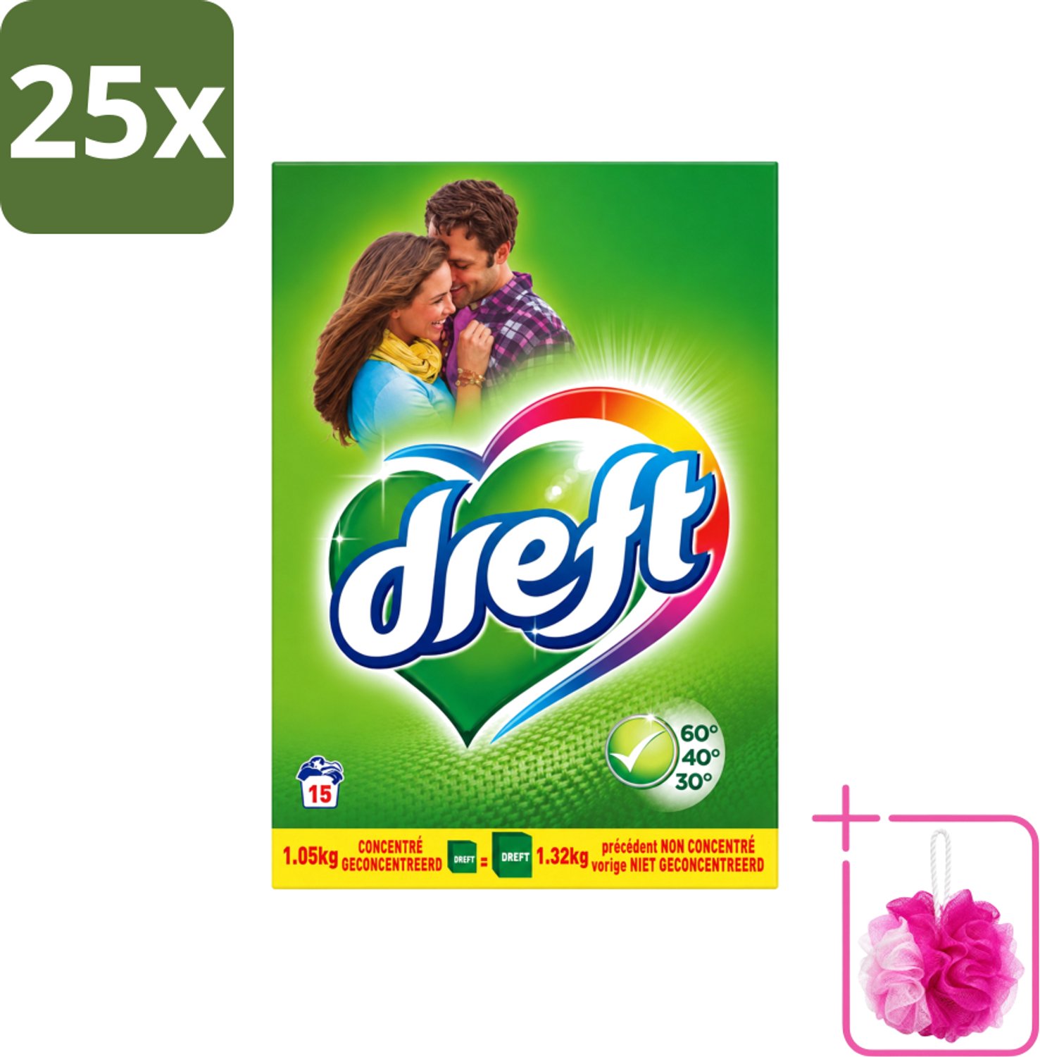 25 x Dreft - Waspoeder - Witte en Gekleurde Was - Original - 15 Wasbeurten - Bulkverpakking - Waspoeder - Douchemop - Kleurbescherming