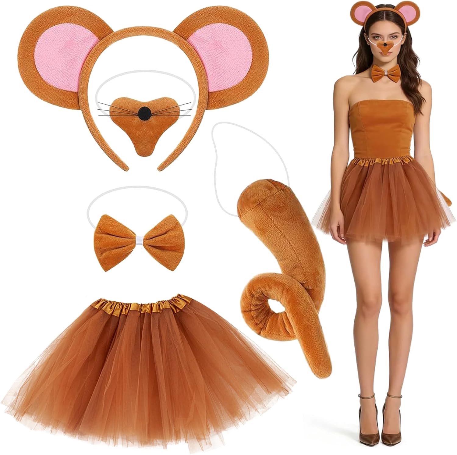 5-delige muiskostuumset voor volwassenen, schattige bruine muis verkleedkostuum hoofdband neus staart vlinderdas tutu rok, dierenkostuum set accessoires voor carnaval, Halloween, wereldboek, verkleden
