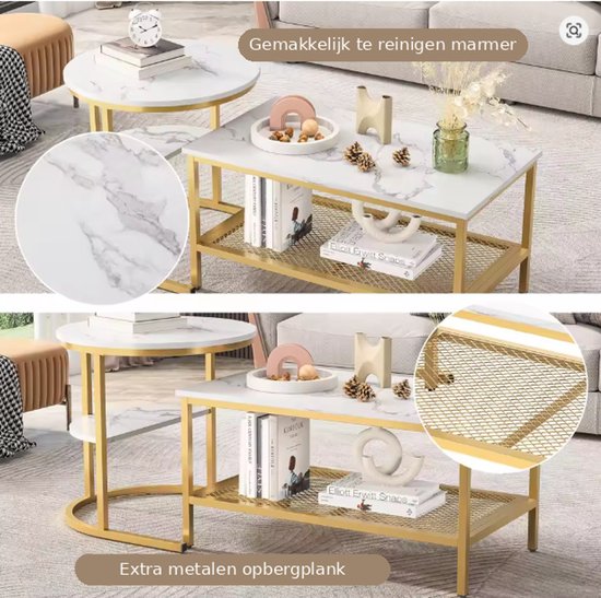 Salontafels met een wit marmerlook blad en goudkleurig metalen frame met extra metalen opbergplank.