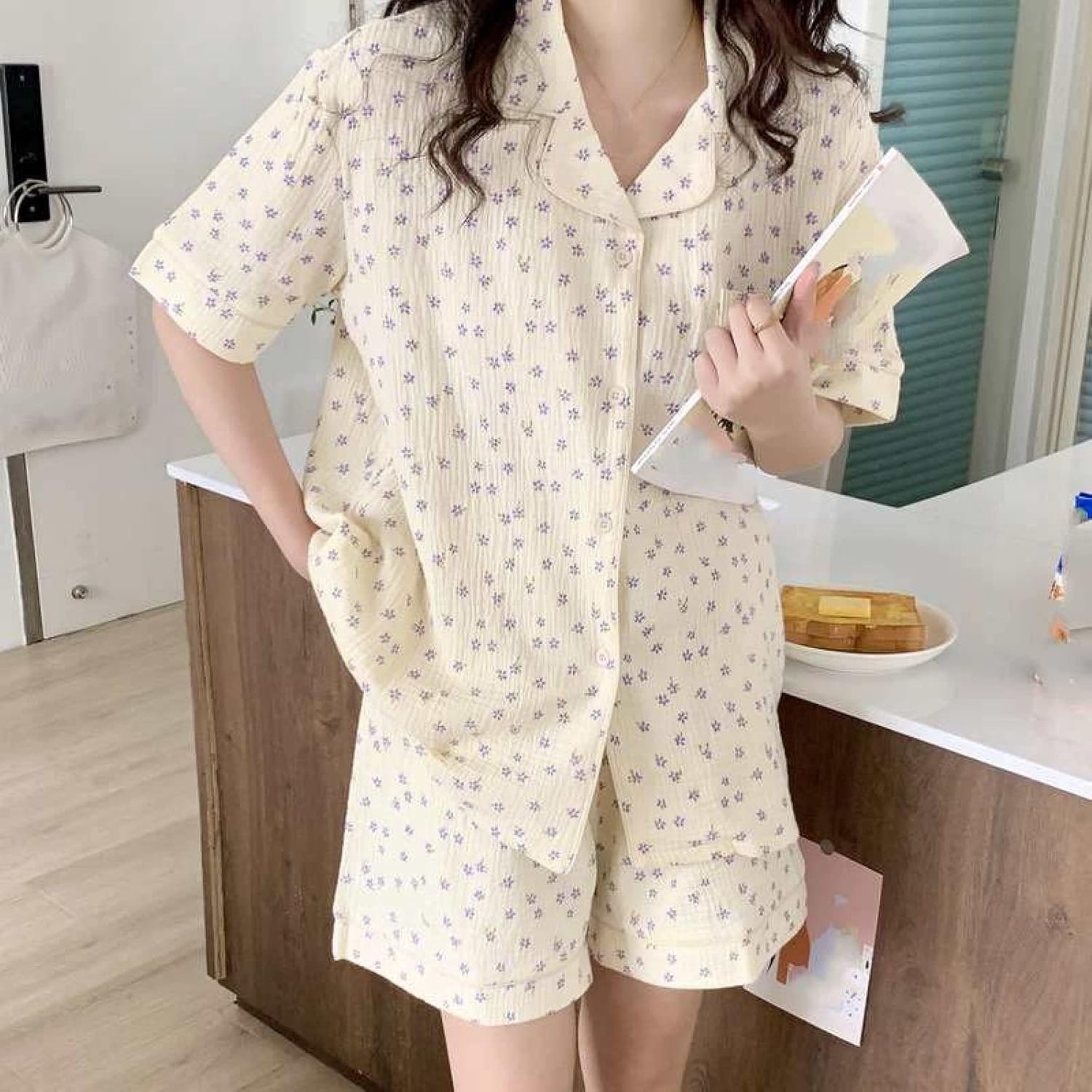 Revers Pyjama Set - Zomer Fris Gebloemd Katoen Korte Mouw Nachtkleding Homewear Set,Mode V-Hals Vest Sleepshirt Casual Shorts Loungewear Set,Paars,Een Maat