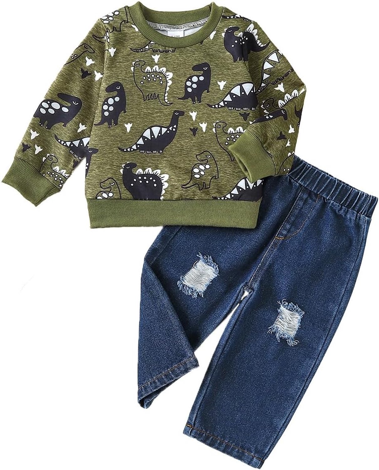Kleding voor peuters, baby's, jongens, outfit, zuigelingen, schattig bedrukt T-shirt, denim, gescheurde jeansshorts, casual, lente, zomer, herfst, outfits set
