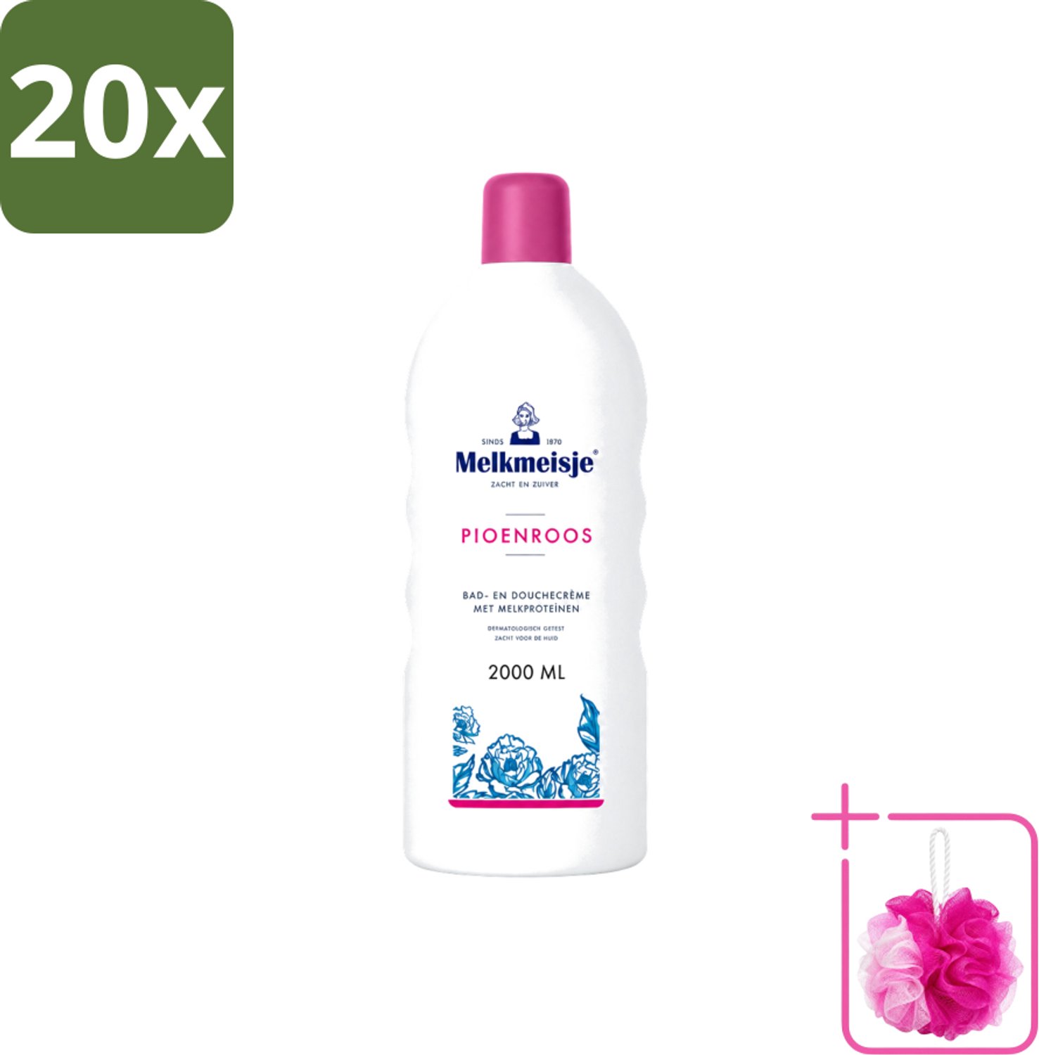 20 x Melkmeisje - Bad & Douche - Pioenroos Geur - Verzorgend & Hydraterend - 2000 ml - Bulkverpakking - Douchecrème - Douchemop - Melkmeisje
