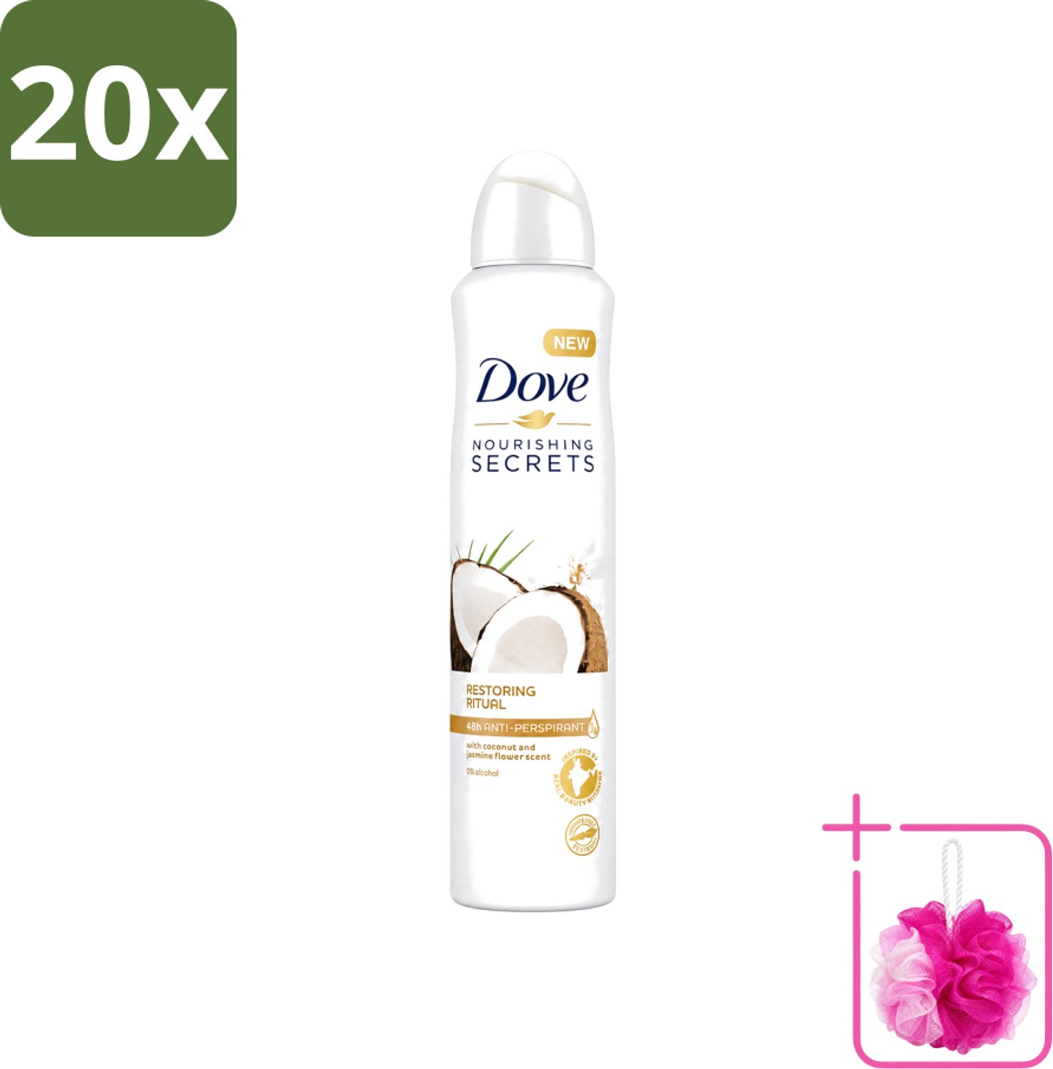 20 x Dove - Deodorant - Coconut & Jasmine Flower - Tropisch en verzorgend - 250 ml - Bulkverpakking - Deodorant spray - Douchemop - Kokos en jasmijn