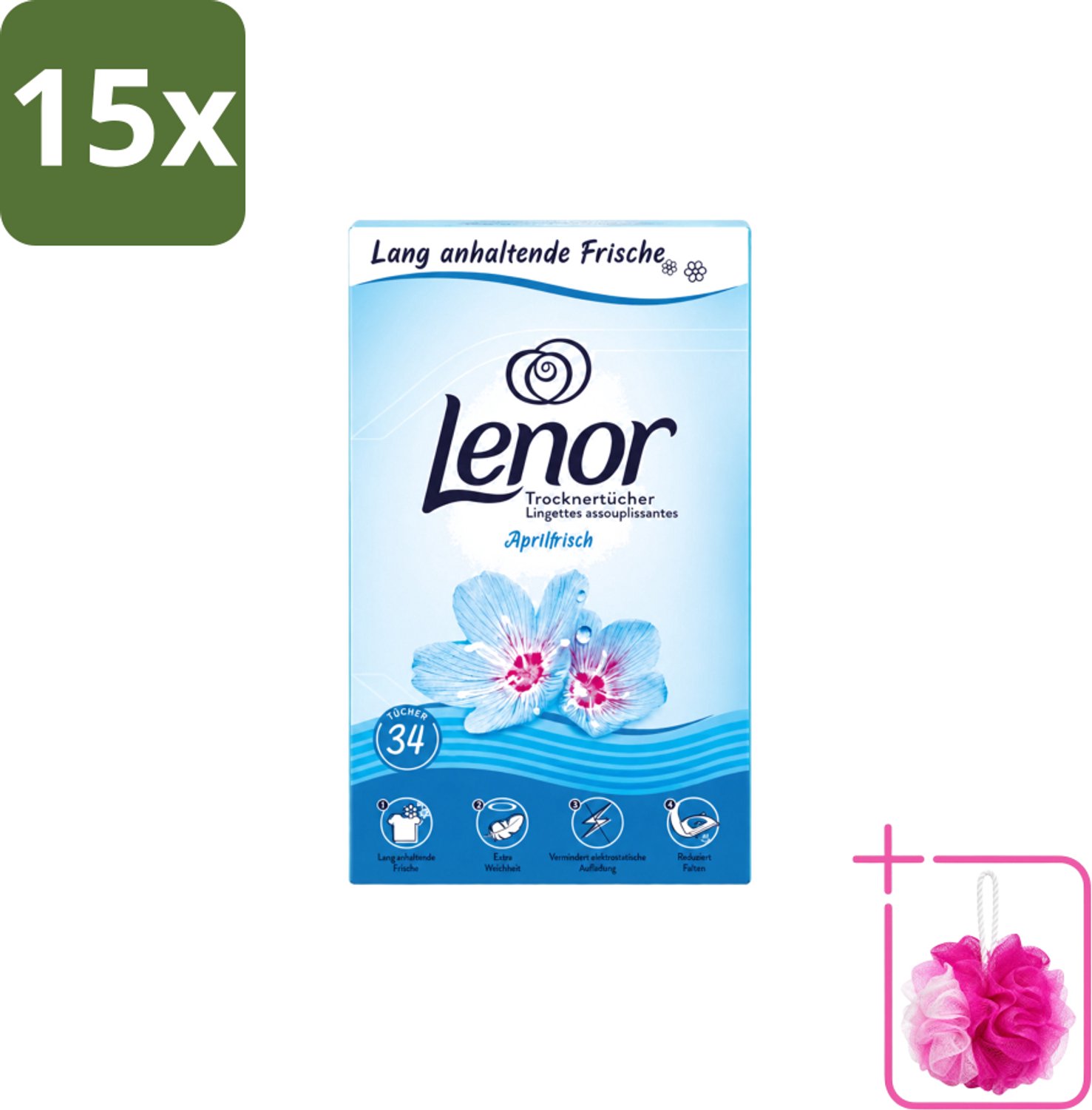 15 x Lenor - Droogtrommeldoekjes - Aprilfris - Textielverfrisser - 34 Doekjes - Bulkverpakking - Droogtrommeldoekjes - Douchemop - Frisheid