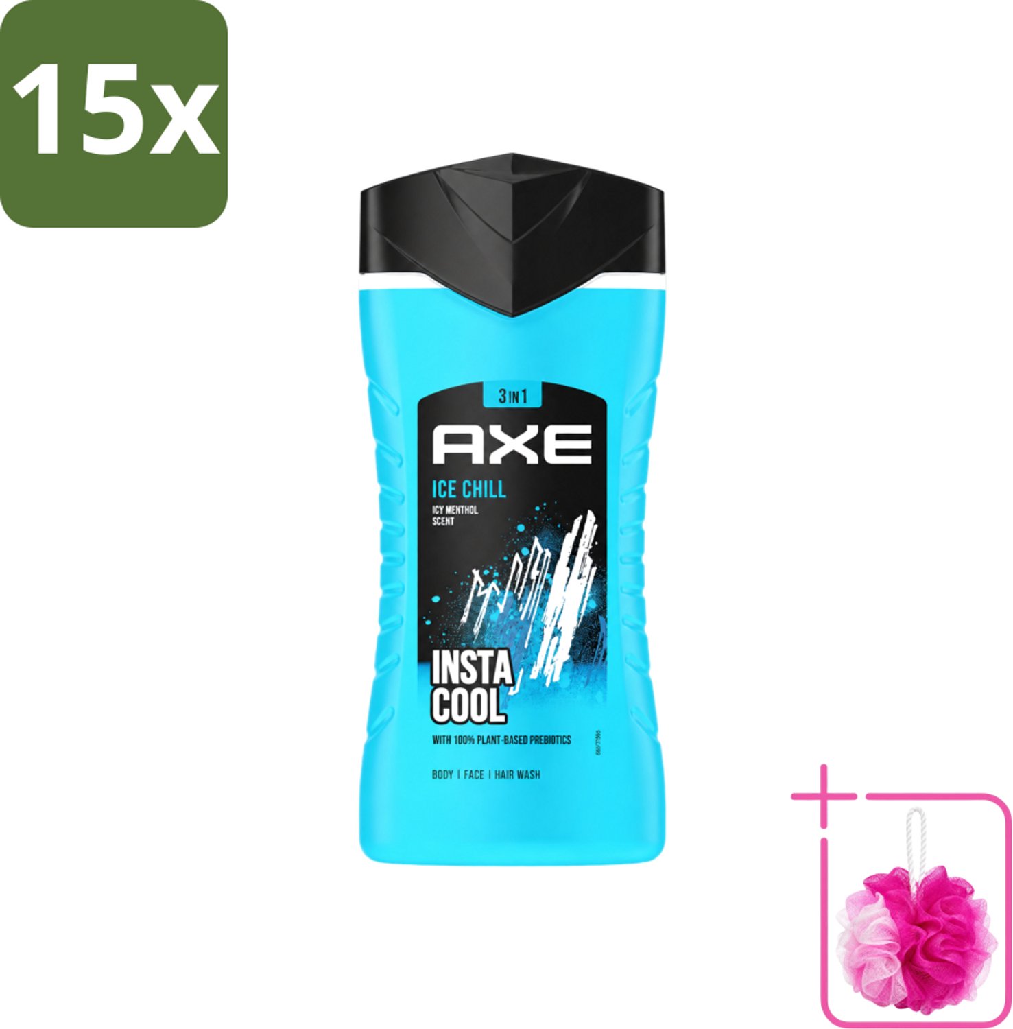 15 x Axe - 3-in-1 Douchegel - Ice Chill - Icy Menthol - Insta Cool - 100% Plantaardig - 150 ml - Bulkverpakking - Douchegel - Douchemop - Menthol