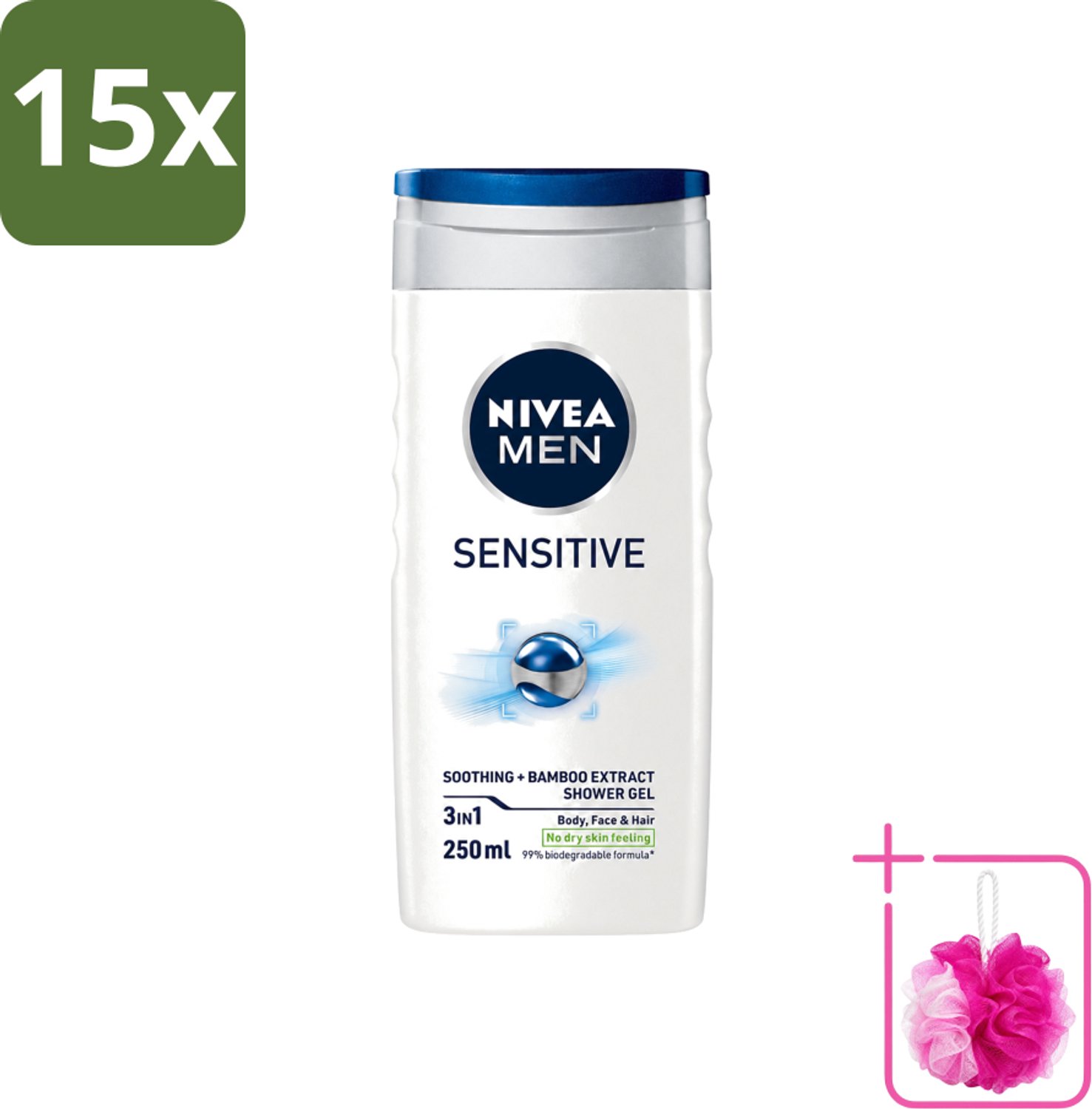 15 x Nivea - Men - Sensitive Douchegel - Hydraterend - 250 ml - Bulkverpakking - Gevoelige huid - Douchemop - Douchegel