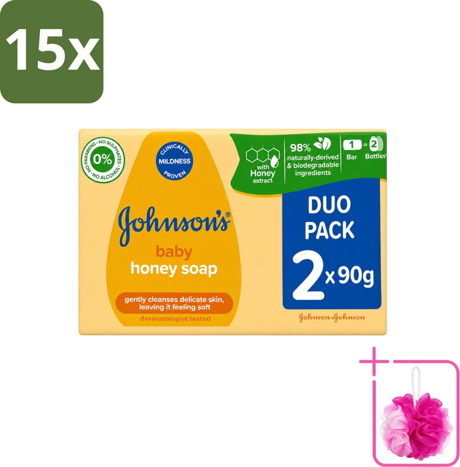 15 x Johnson's - Baby Honey Soap - Zacht - Reinigt Gevoelige Huid - 2 x 90 g - Bulkverpakking - Babyhuid reinigen - Douchemop - Honing zeep