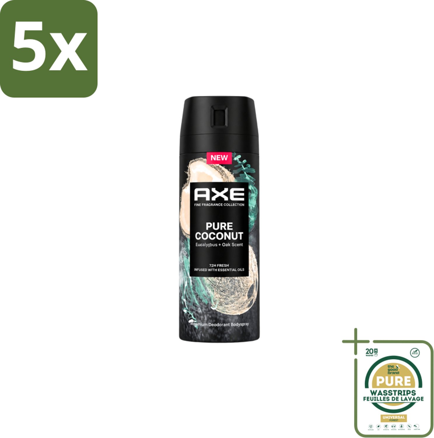 5 x Axe – Deodorant Spray – Pure Coconut – 150 ml - Wasstrips - Deodorant Spray - Kokosgeur - Frisheid - Transpiratiegeur - Mannelijke Deodorant