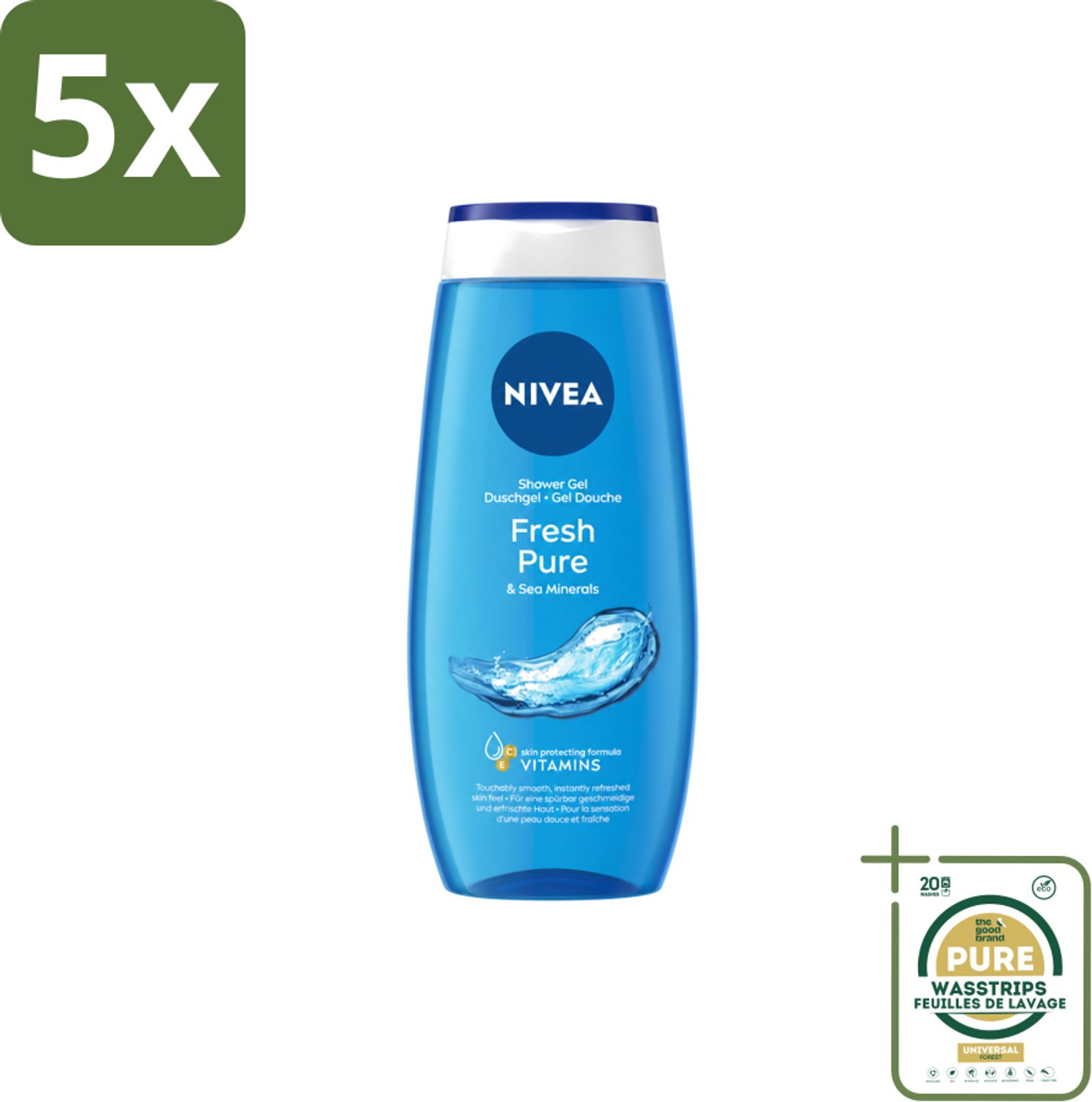5 x Nivea – Douchegel – Fresh Pure – 250 ml - Wasstrips - Douchegel - Huidverzorging - Frisheid - Vitamine C - Vitamine E