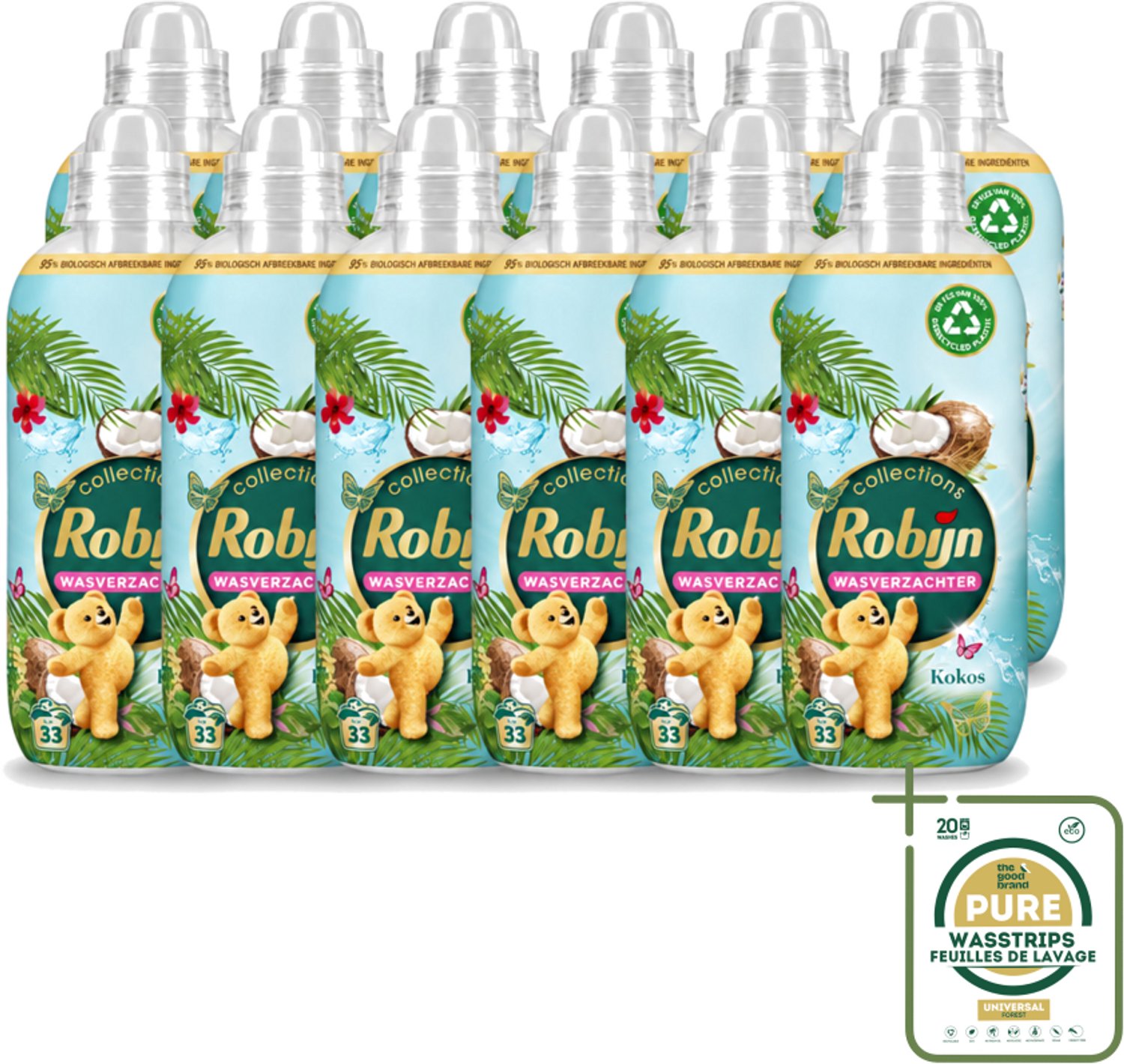 12 x Robijn - Kokos Sensation - Wasverzachter - Tropische Geur - 33 Wasbeurten - 825 ml - Wasstrips - Wasverzachter - Kokosgeur - Wasverzachter Tropisch - Wasverzachter Voor Kleding - Wasverzachter Kokos