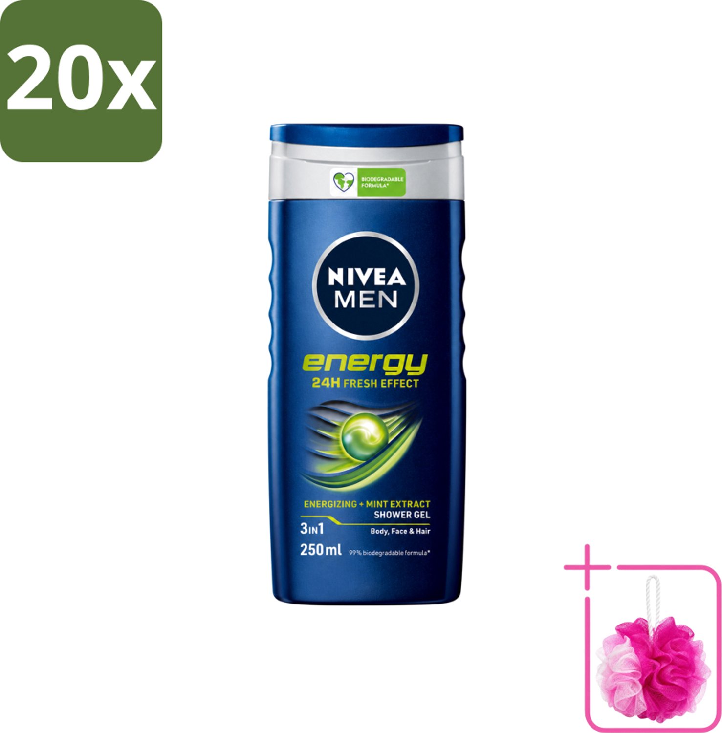20 x Nivea - Men - Energy Douchegel - Langdurig Fris Gevoel - 250 ml - Bulkverpakking - Douchegel voor mannen - Douchemop - Energieboost