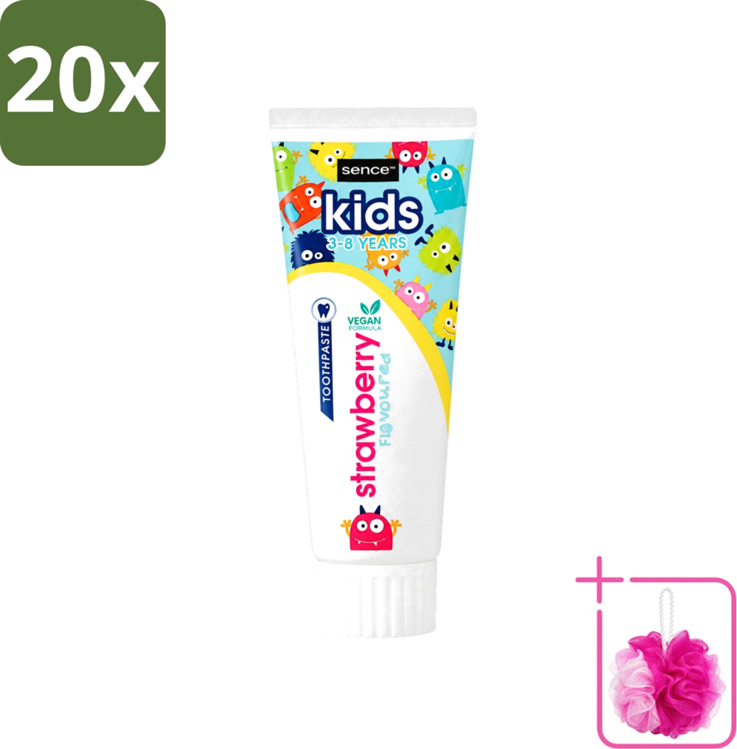 20 x Sence - Kids 3-8 Jaar - Tandpasta - Aardbei Smaak - Vegan - 75 ml - Bulkverpakking - Tandpasta voor kinderen - Douchemop - Kindertandpasta