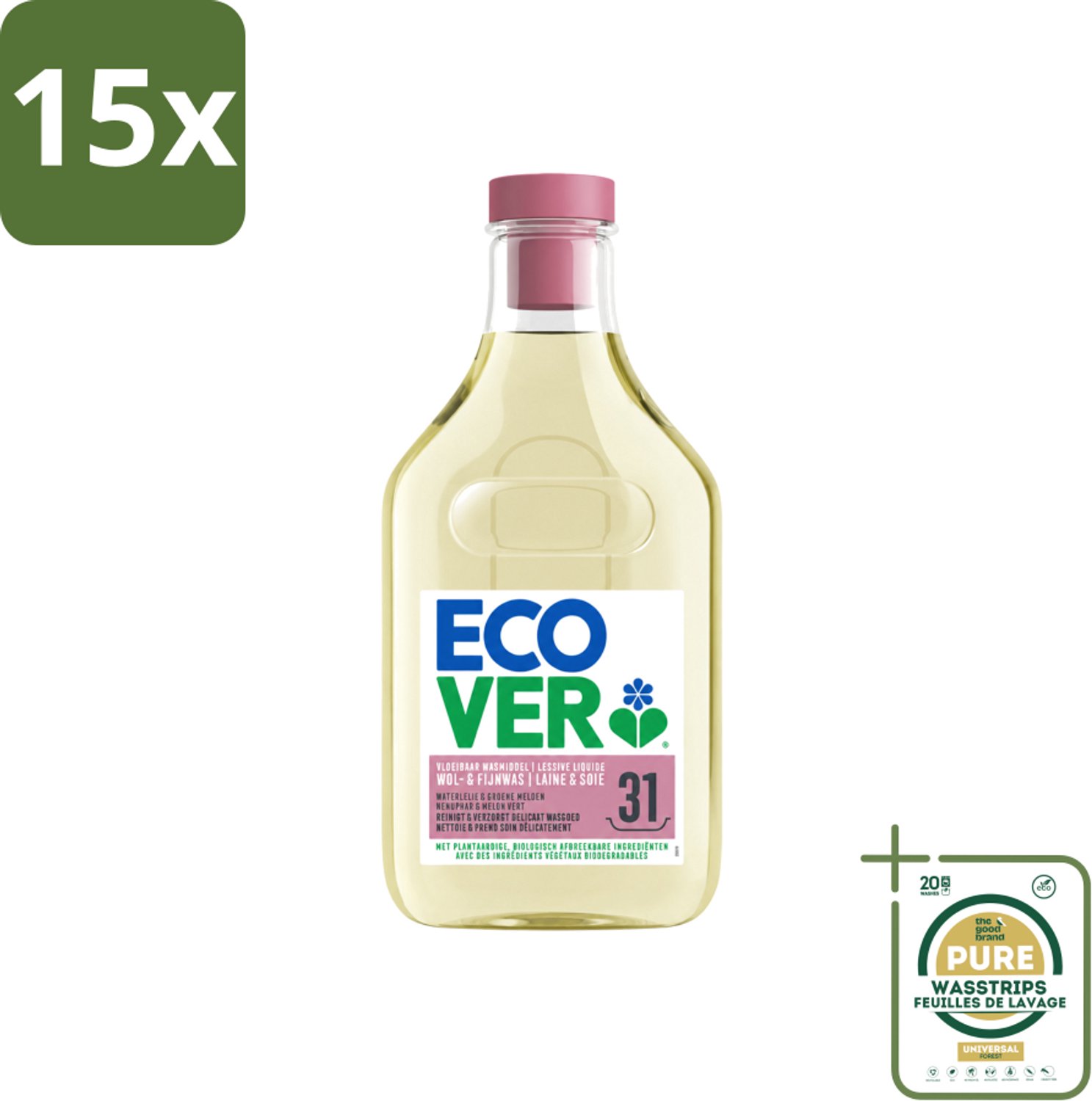 15 x Ecover - Vloeibaar Wasmiddel - Wol & Fijn Was - Waterlelie & Groene Meloen - 31 Wasbeurten - 1.43 L - Wasstrips - Wasmiddel Wol En Fijn Was - Vloeibaar Wasmiddel - Milieuvriendelijk Wasmiddel - Fijn Was - Delicate Stoffen Was