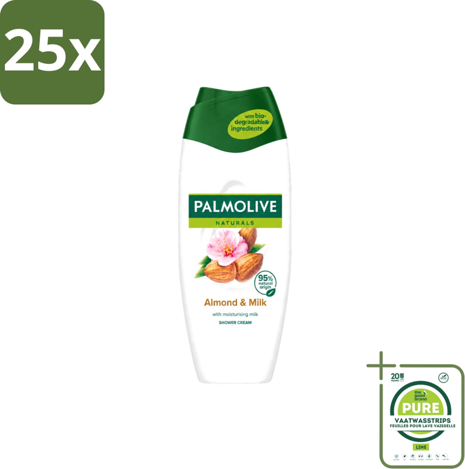 25 x Palmolive – Douchecrème – Naturals Almond & Milk – 500 ml - Grootverpakking - Vaatwasstrips - Douchecrème - Amandel - Melk - Huid Verzorging - Huid Reinigen