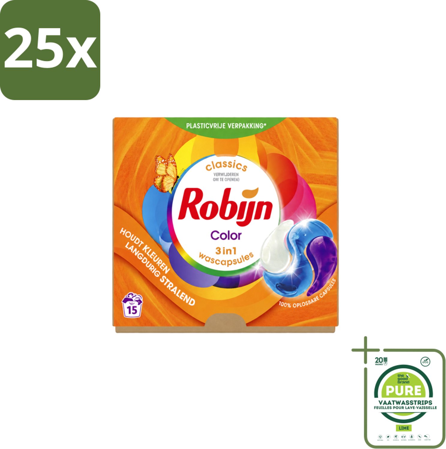 25 x Robijn – 3-in-1 Wascapsules – Color – 15 capsules - Grootverpakking - Vaatwasstrips - Kleurbehoud - Wascapsules - Wasverzachter - Biologisch Afbreekbaar - Frisse Geur