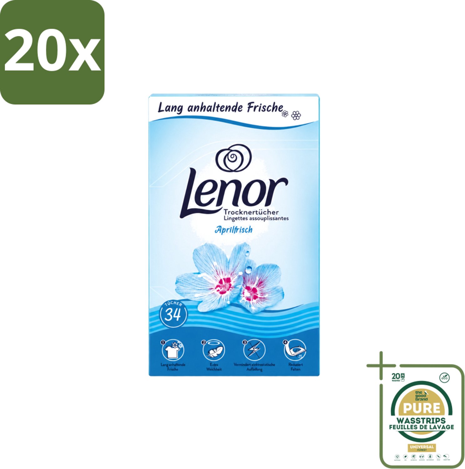 20 x Lenor - Droogtrommeldoekjes - Aprilfris - Textielverfrisser - 34 Doekjes - Wasstrips - Droogtrommeldoekjes - Wasdoekjes - Textielverfrisser - Frisheid - Statische Elektriciteit