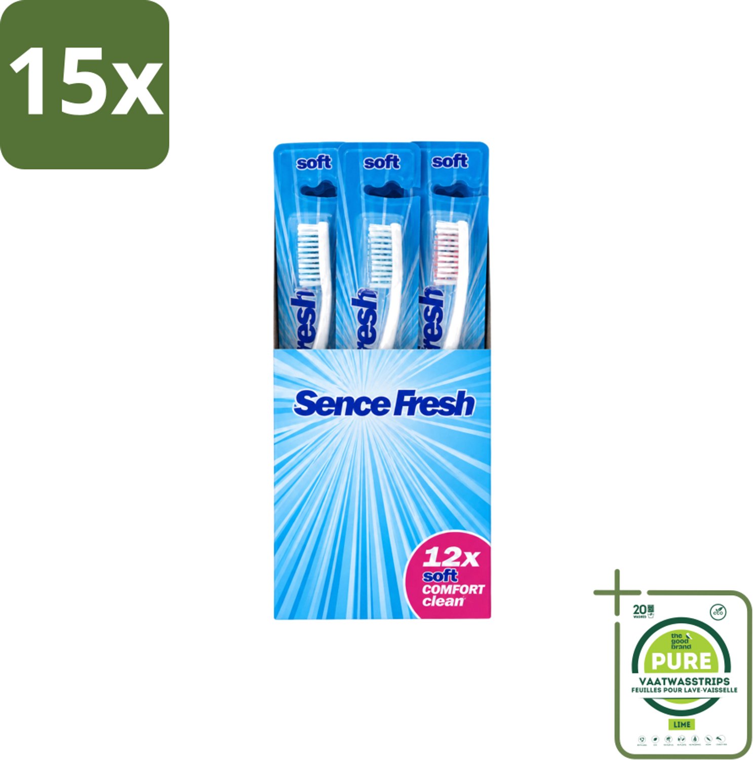 15 x Sence - Tandenborstels - Fresh Soft Comfort Clean - 12 Tandenborstels - Grootverpakking - Vaatwasstrips - Tandenborstel - Zachte Tandenborstel - Mondhygiëne - Tandenborstel Voor Gevoelig Tandvlees - Dagelijks Poetsen