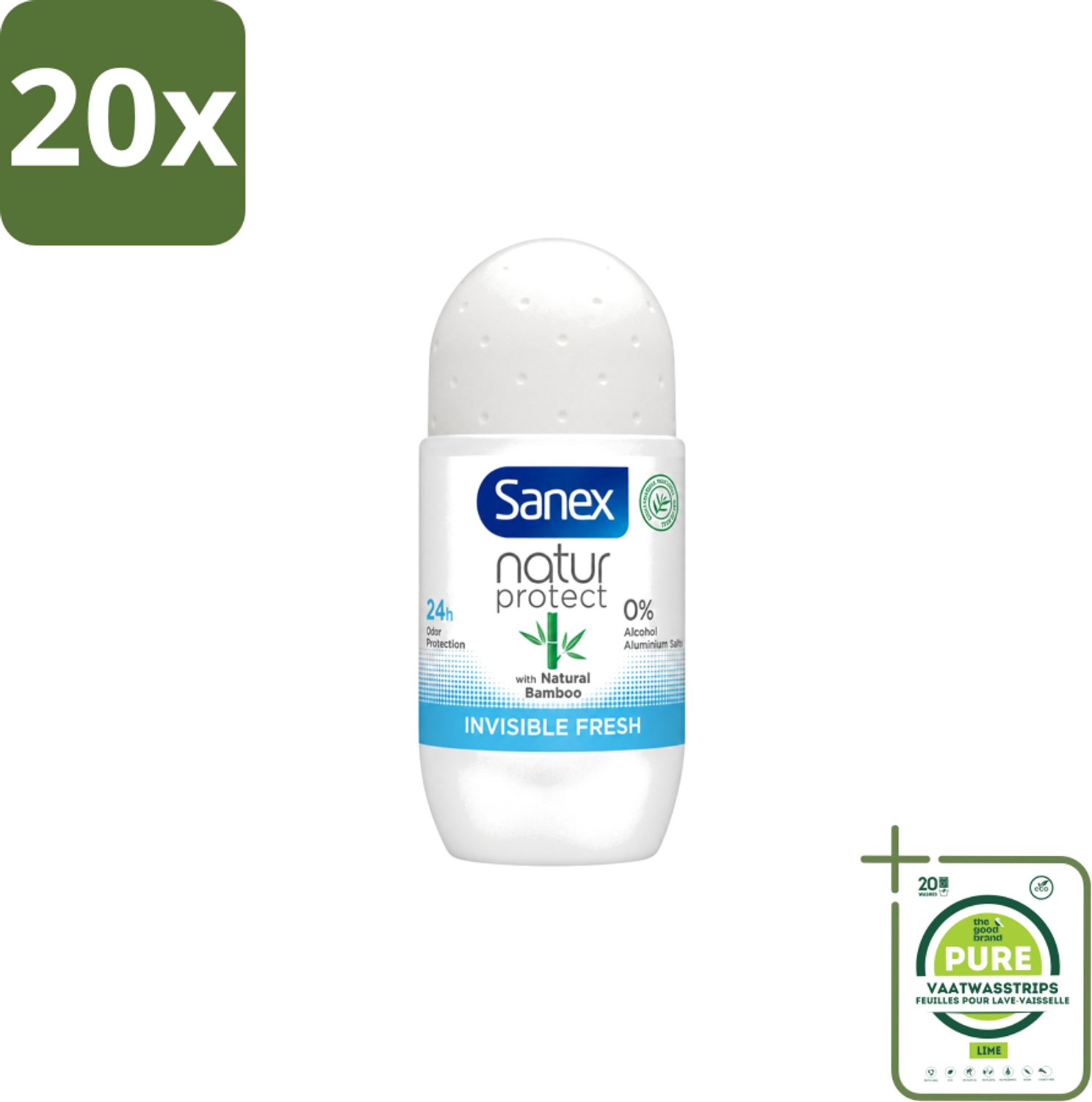 20 x Sanex – Deo Roll-on – Bamboo Invisible Fresh – 50 ml - Grootverpakking - Vaatwasstrips - Deodorant Roll-on - Bamboe - Natuurlijke Frisheid - Kledingbescherming - Witte Vlekken Voorkomen