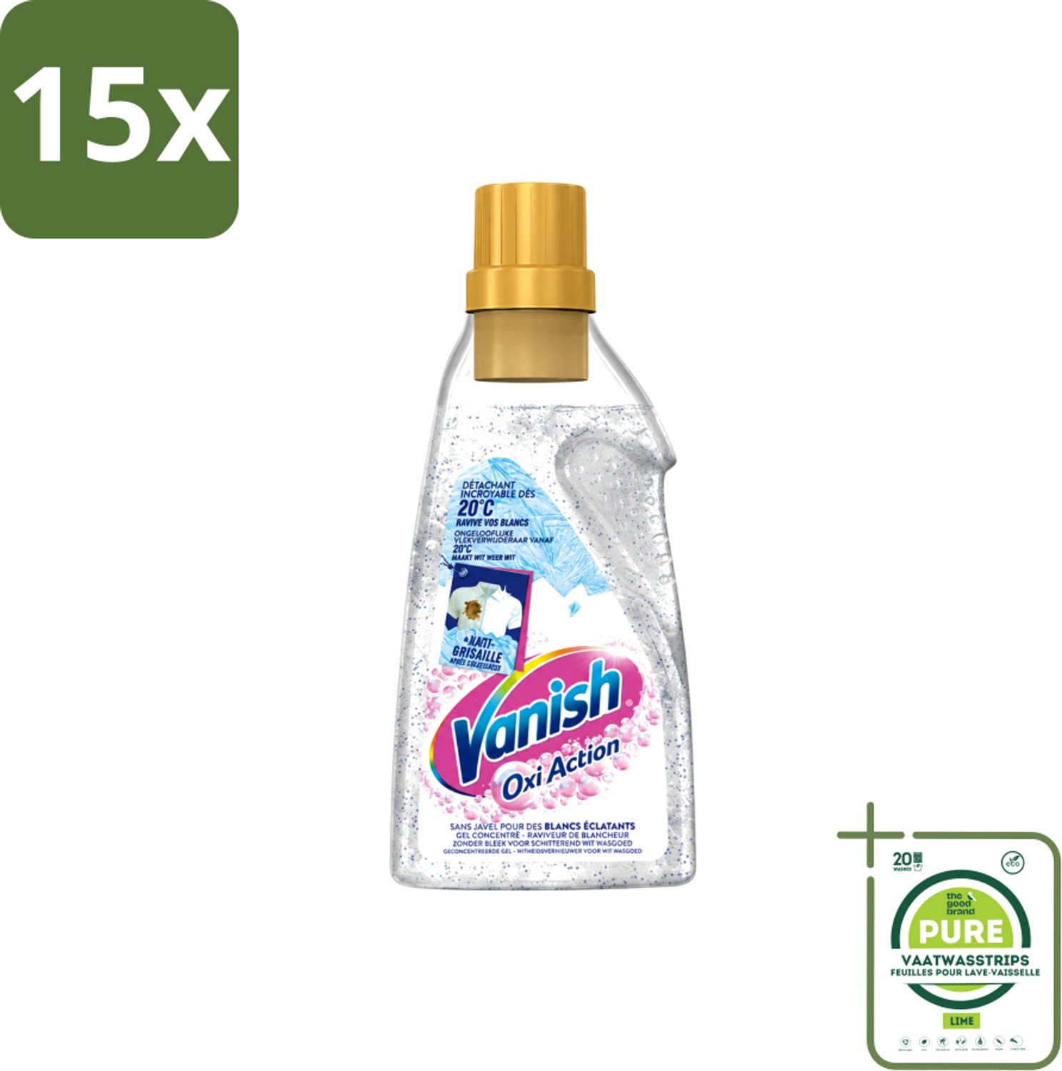 15 x Vanish – Wasbooster Gel – Oxi Action Whitening – 750 ml - Grootverpakking - Vaatwasstrips - Wasbooster - Witte Was - Vlekverwijdering - Wasprogramma - Zuurstof