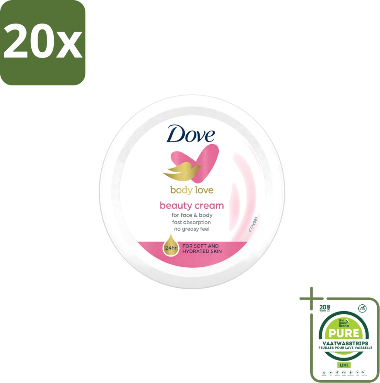 20 x Dove – Bodycrème – Beauty Cream – 75 ml - Grootverpakking - Vaatwasstrips - Beauty Cream - Huid Verzorging - Hydratatie - Huidbarrière - Droge Huid