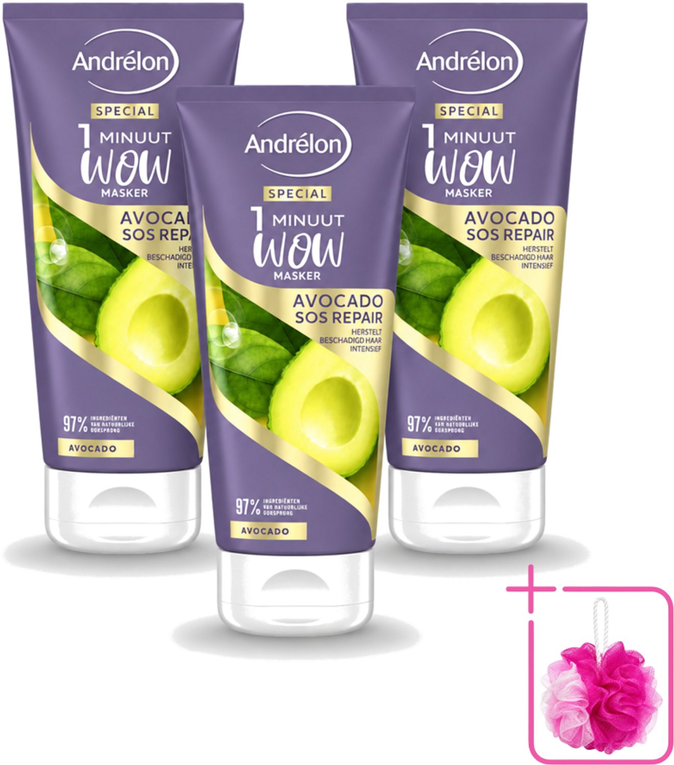 3 x Andrélon - 1 Minuut Wow Haarmasker - Avocado SOS Repair - 180 ml - Bulkverpakking - Haarmasker - Douchemop - Haarherstel